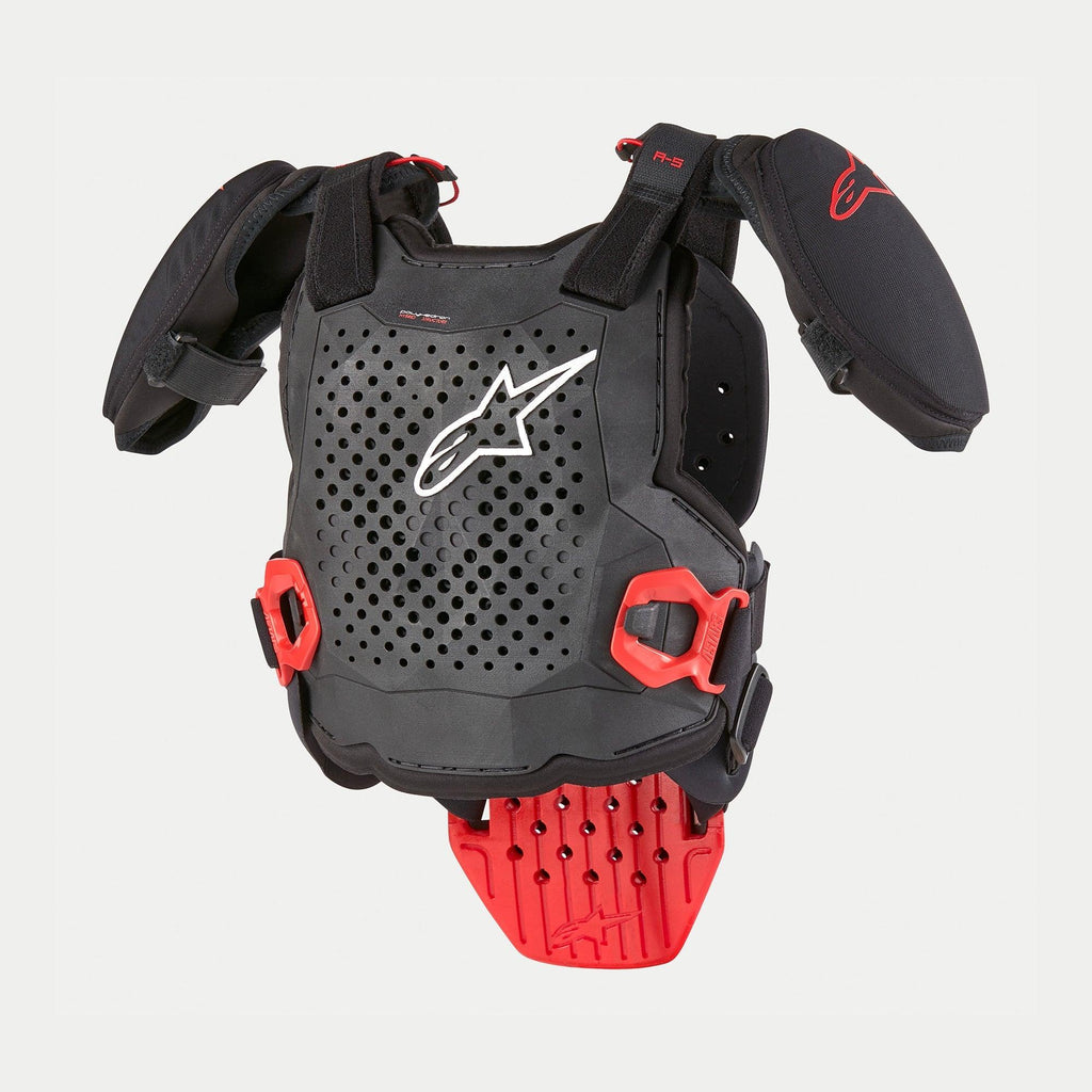 Alpinestars Youth A-5 S Chest Protector, motorcross borstbeschermer, zwart met wit en rood, voorzien van een geperforeerde hybride voorplaat met wit sterlogo, rode snelsluitingen en gevoerde schouderbeschermers voor jeugd off-road racing