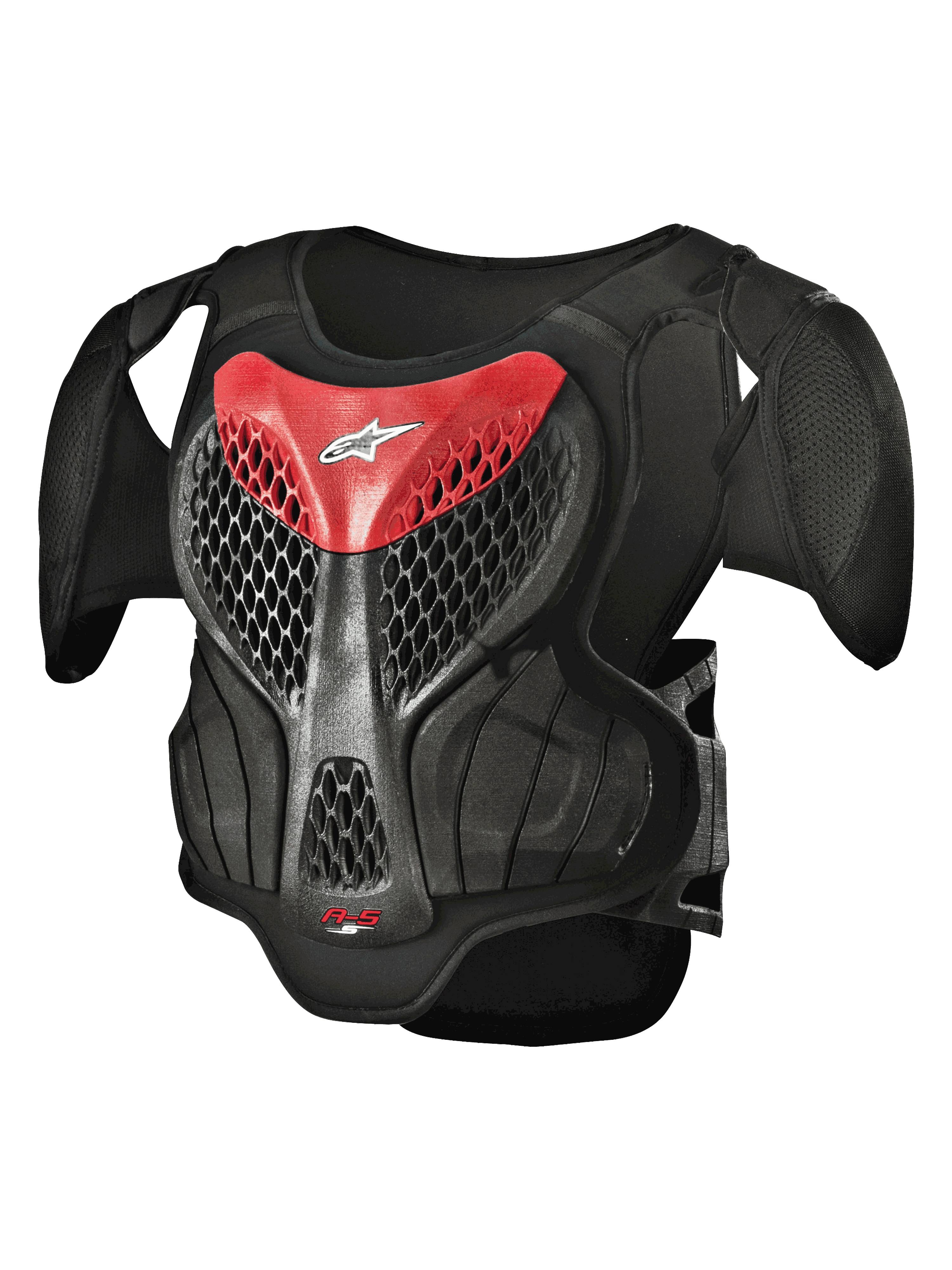 Alpinestars Youth A-5 S Body Armour, motorcross borstbeschermer, zwart en rood, hexagonaal mesh-ontwerp, gewatteerde schouders, lichtgewicht bescherming voor jonge rijders