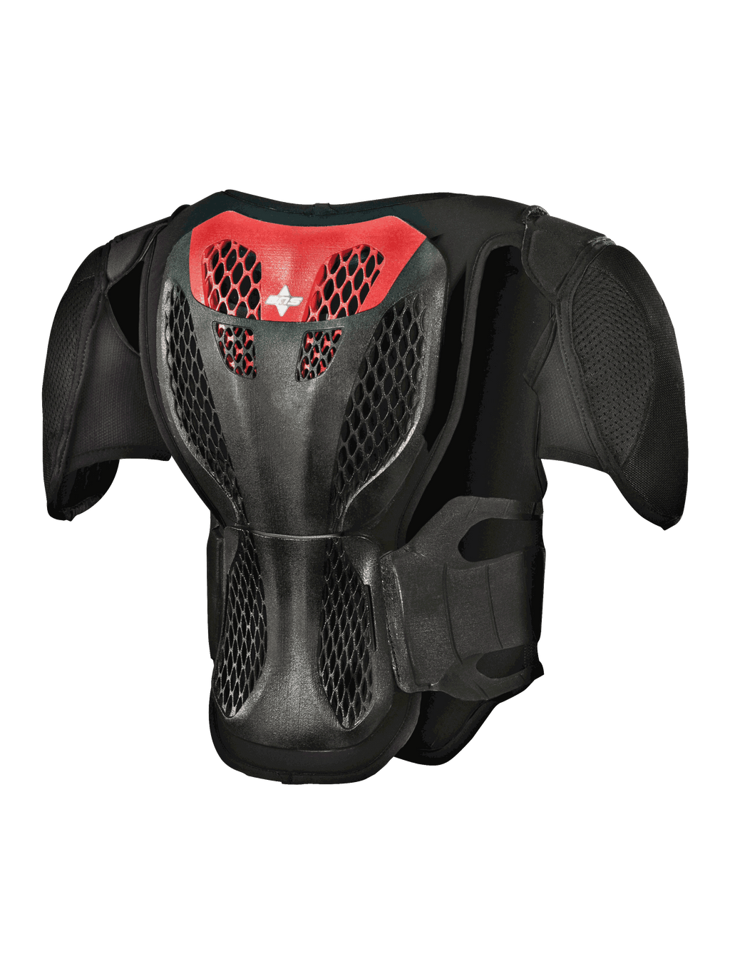 Alpinestars Youth A-5 S Body Armour, achteraanzicht, zwart en rood, voorzien van een beschermende roosterstructuur rugplaat, geventileerde honingraatstructuur en geïntegreerde schouderbeschermers voor off-road motorcross bescherming