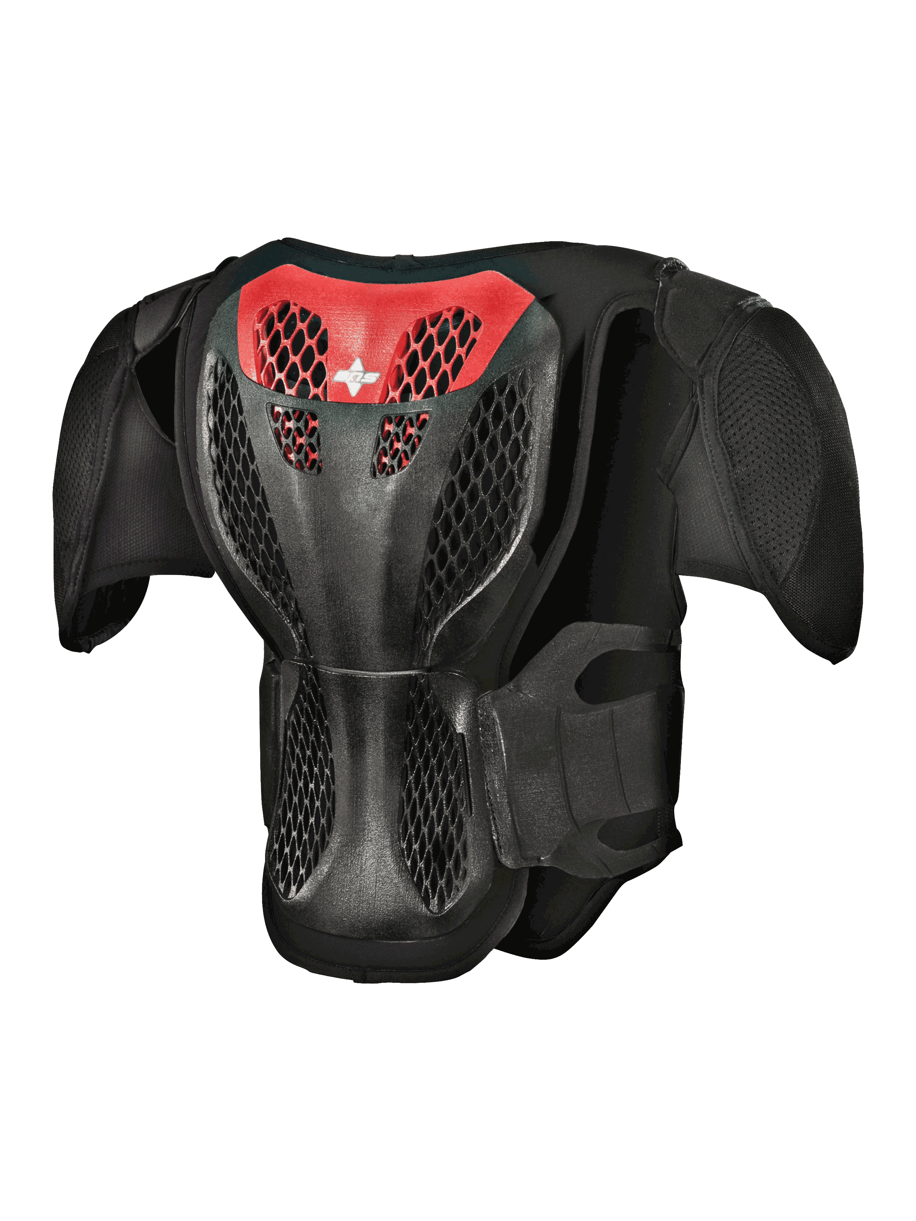 Alpinestars Youth A-5 S Body Armour, achteraanzicht, zwart en rood, voorzien van een beschermende roosterstructuur rugplaat, geventileerde honingraatstructuur en geïntegreerde schouderbeschermers voor off-road motorcross bescherming