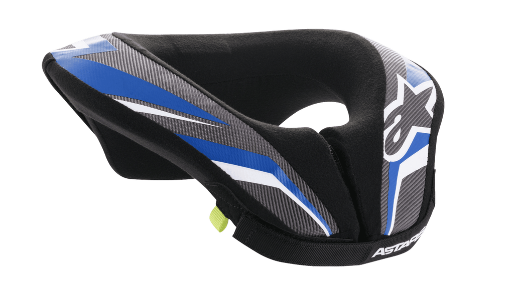 Alpinestars Youth Sequence Neck Roll, Youth Motocross Neck Protector, Black Anthracite and Blue, featuring a padded ergonomic design with blue and gray patterned panels, white accents, and Alpinestars branding, soft inner lining for comfort