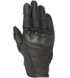 Alpinestars Mustang V2 handschoenen, zwarte leren motorhandschoenen, geperforeerd ontwerp met geïntegreerde knokkelbescherming, accordeon stretchpanelen op de vingers, sterlogo in reliëf, urban short-cuff stijl