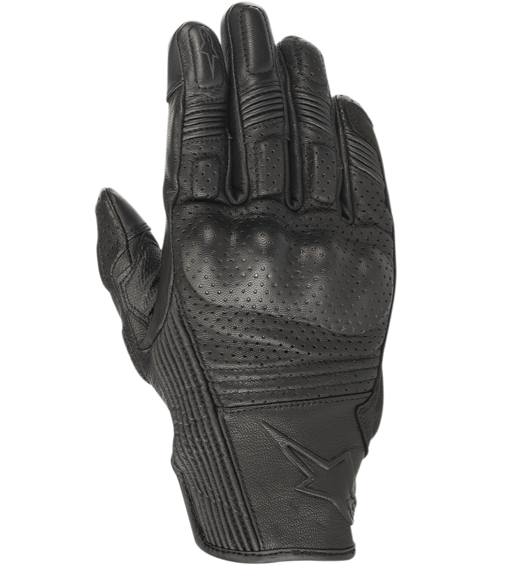 Gants Alpinestars Mustang V2, gants de moto en cuir noir, design perforé avec protection des articulations intégrée, panneaux extensibles en accordéon sur les doigts, logo étoile embossé, style urbain à manchette courte