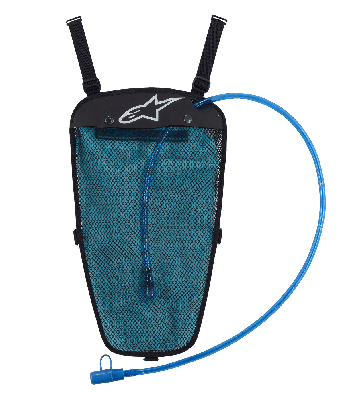Alpinestars Hydration Pack, sac d'hydration noir avec réservoir d'eau bleu, conception en mesh, deux sangles réglables avec boucles, tube de boisson bleu avec embout, logo blanc, idéal pour activités outdoor