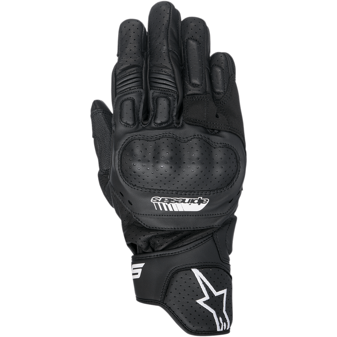 Gants Alpinestars SP-5, gants de moto de course, noirs, cuir perforé avec protection des articulations en polymère intégrée, doigts rembourrés, logo Alpinestars blanc sur la manchette, design sportif à manchette courte