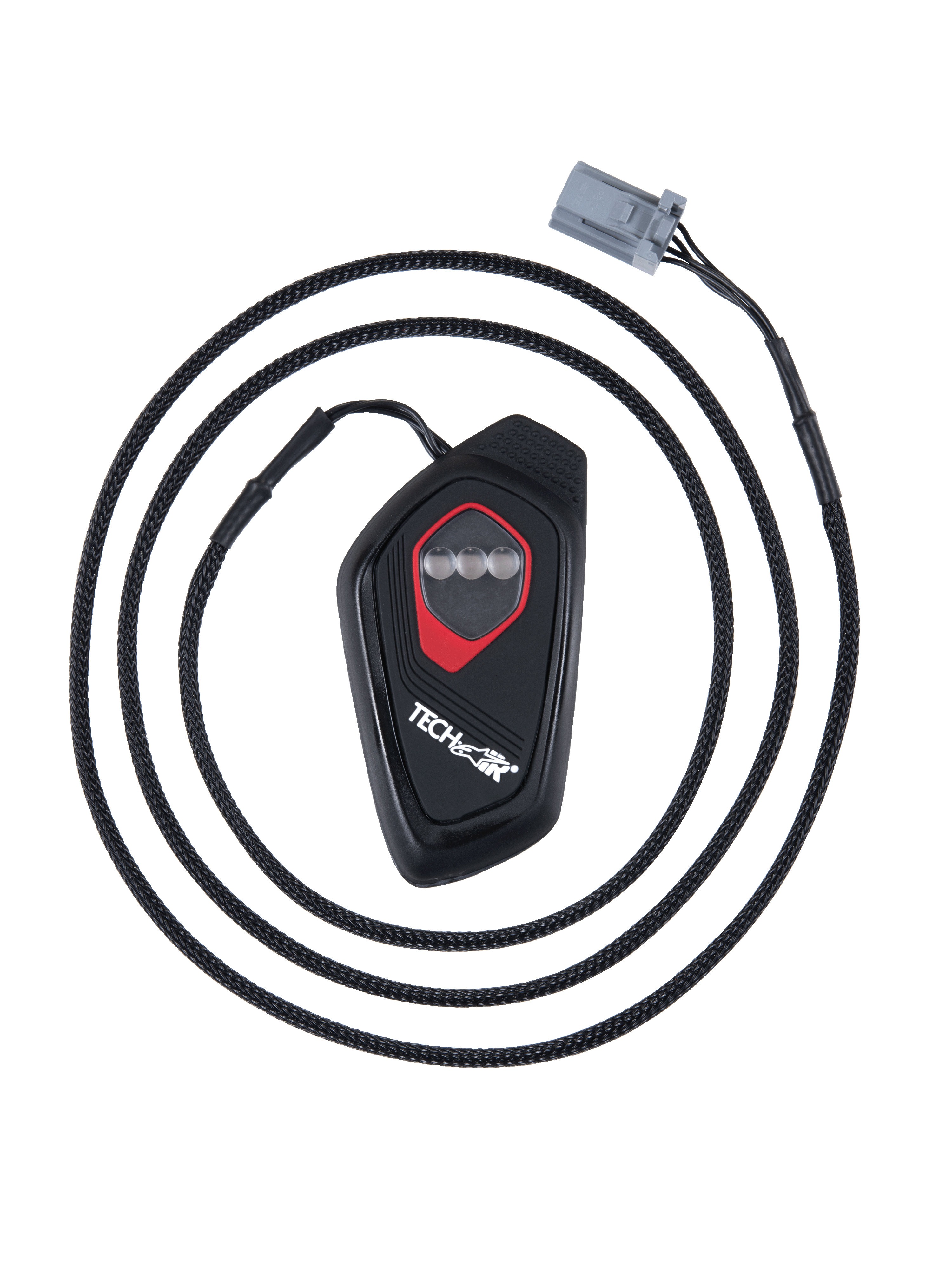Alpinestars Tech-Air® 7X LED Display, unité de contrôle électronique noire en forme de goutte avec contour rouge, trois voyants LED circulaires, câble tressé avec connecteur gris, module d'affichage pour système d'airbag moto