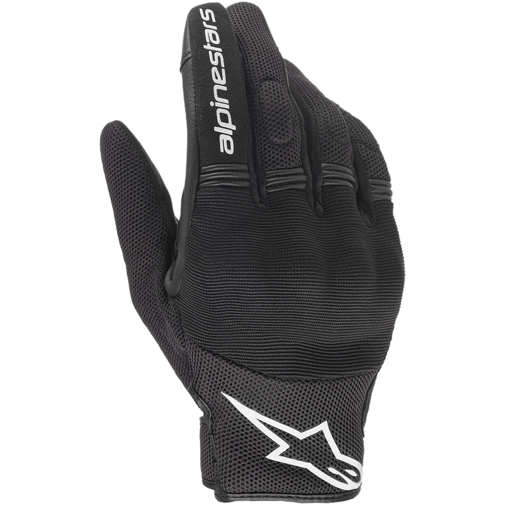 Gants Alpinestars Copper, gants de moto urbains, noir et blanc, vue du dos de la main montrant la construction en mesh et textile, logo Alpinestars blanc au poignet et lettrage sur l'index, avec panneaux extensibles en accordéon et protection intégrée des articulations
