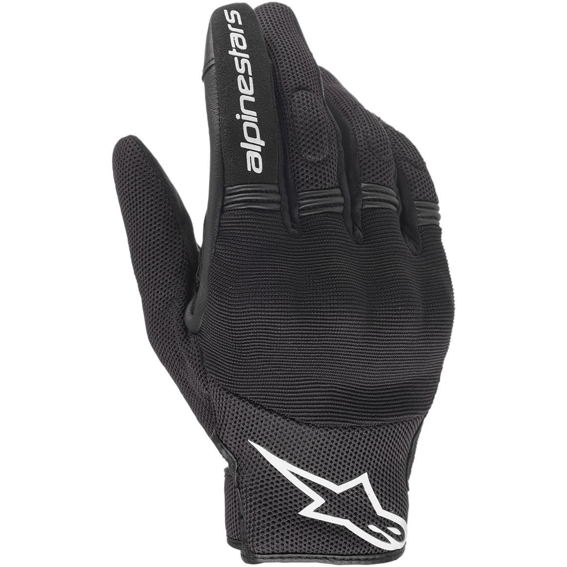 Gants Alpinestars Copper, gants de moto urbains, noir et blanc, vue du dos de la main montrant la construction en mesh et textile, logo Alpinestars blanc au poignet et lettrage sur l'index, avec panneaux extensibles en accordéon et protection intégrée des articulations