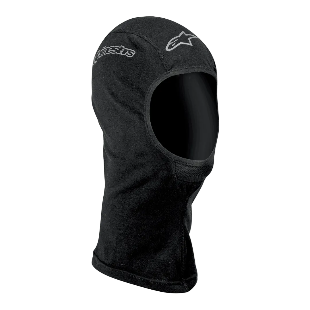 Alpinestars Open-Face Sturmhaube, Motorrad-Basisschicht, Unisex, Schwarz mit silbernen Alpinestars-Logos, feuchtigkeitsableitendes Textilmaterial, ergonomisches Design mit Flachnähten und verlängertem Halsbereich für zusätzlichen Windschutz.