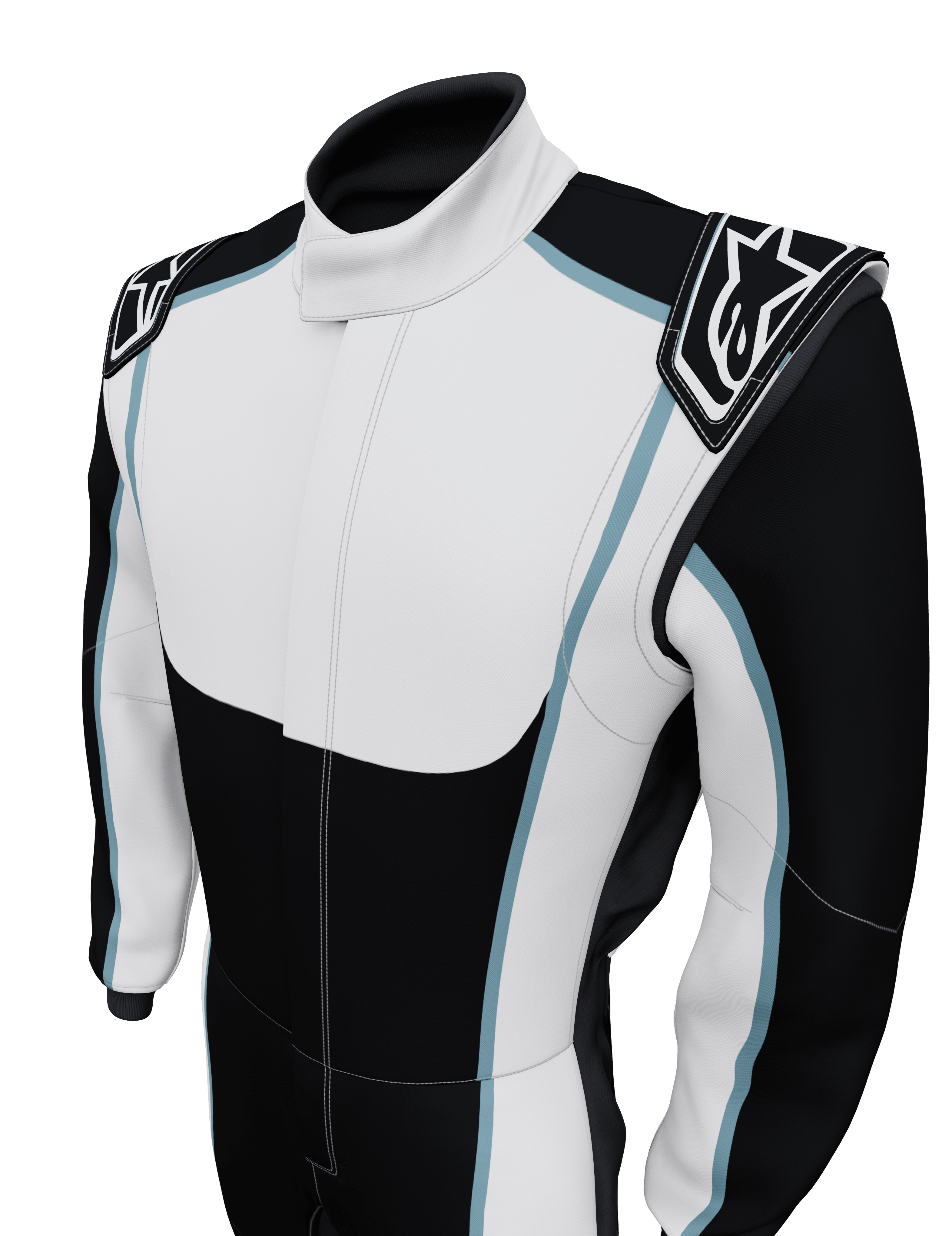 Alpinestars Tech Vision V3 Maßanzug Mit Angepasster Länge, FIA-Rennanzug in Weiß und Schwarz mit blauen Details.