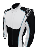 Alpinestars Tech Vision V3 Maßgeschneiderter Auto-Rennanzug, Schwarz und Weiß mit hellblauen Akzenten, FIA-zertifizierte Nomex-Konstruktion.