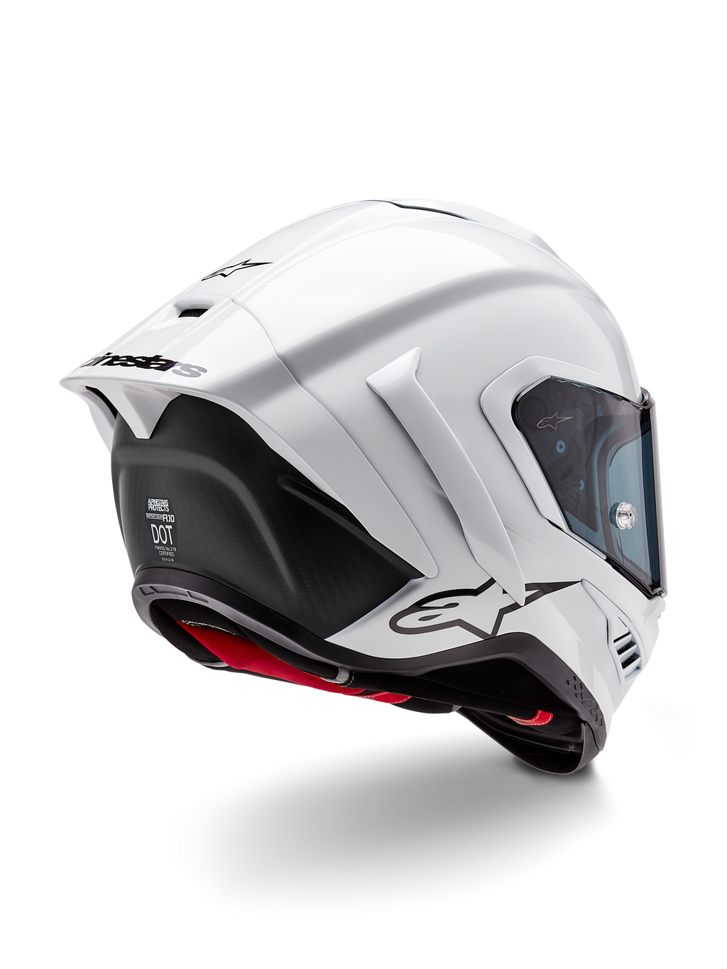 Casque Alpinestars Supertech R10 Solid, casque de moto intégral de course, blanc brillant et noir mat, vue de trois-quarts arrière avec spoiler aérodynamique, ailettes latérales et logo noir