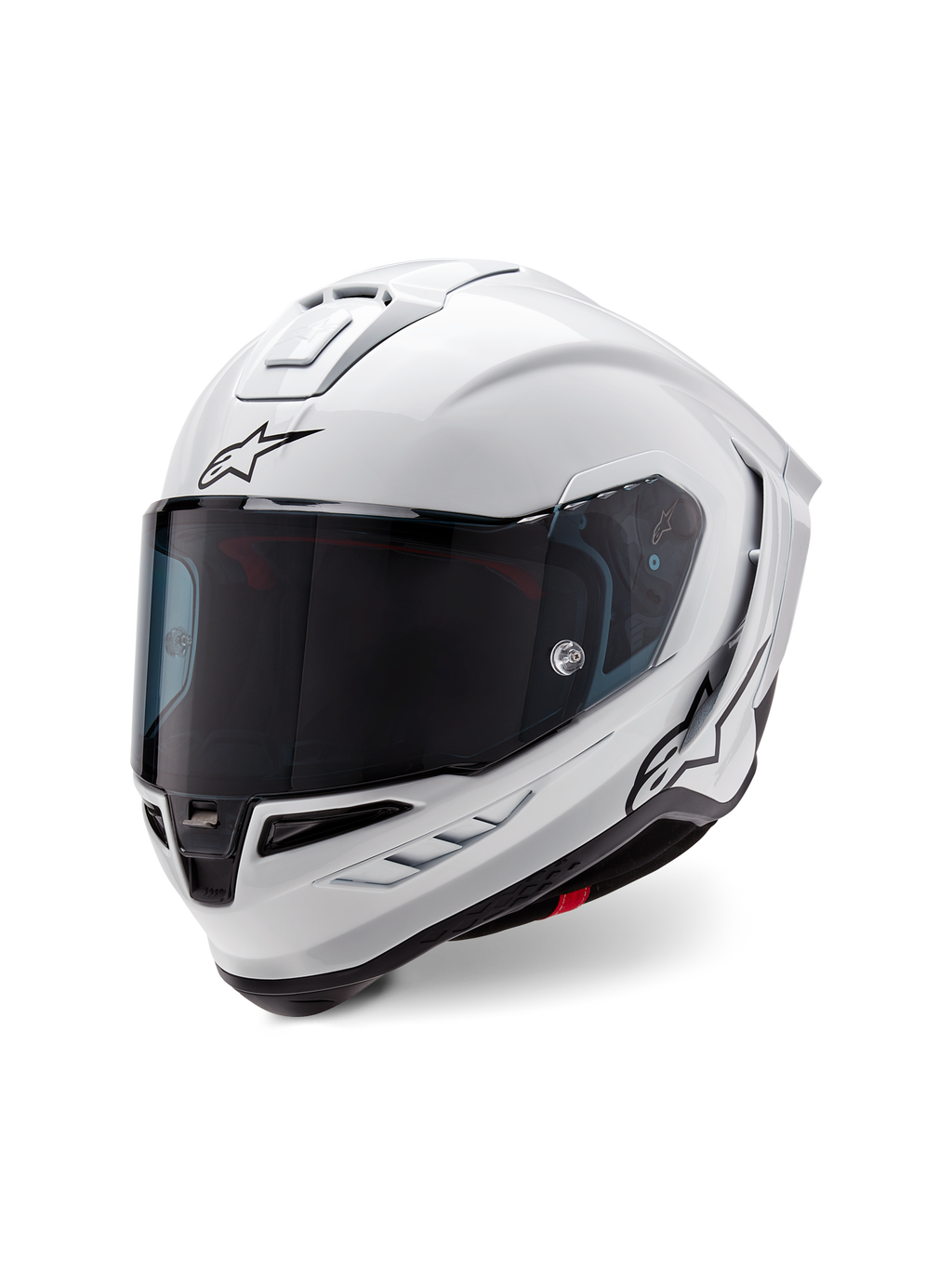 Casque Alpinestars Supertech R10 Solid, casque intégral de course, blanc brillant avec des accents noirs, doté d'une visière teintée foncée, d'une calotte au design aérodynamique et du logo Alpinestars sur le devant et le côté