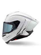 Casque Alpinestars Supertech R10 Solid, casque intégral de course, blanc brillant et noir mat, vue de profil avec spoiler aérodynamique intégré, visière teintée et logo étoile Alpinestars noir