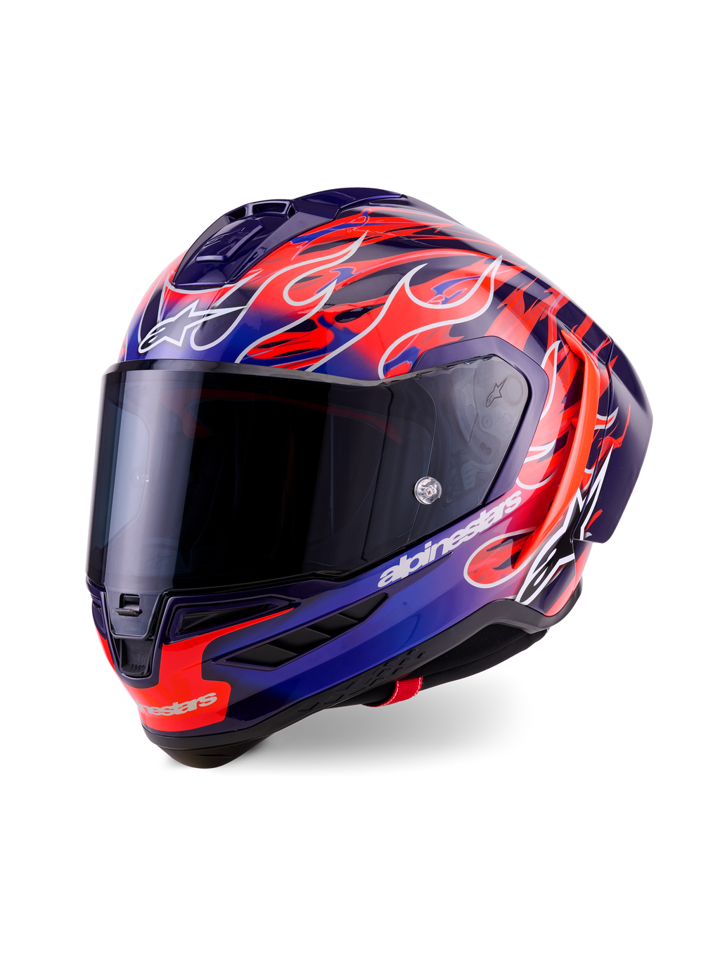 Alpinestars Supertech R10 Limited Edition Flyte helm, integraal racehelm, paars en diepblauw met levendige oranje vlammen-graphics, voorzien van een dark smoke vizier en aerodynamische schaal, hoogwaardige motorsportuitrusting
