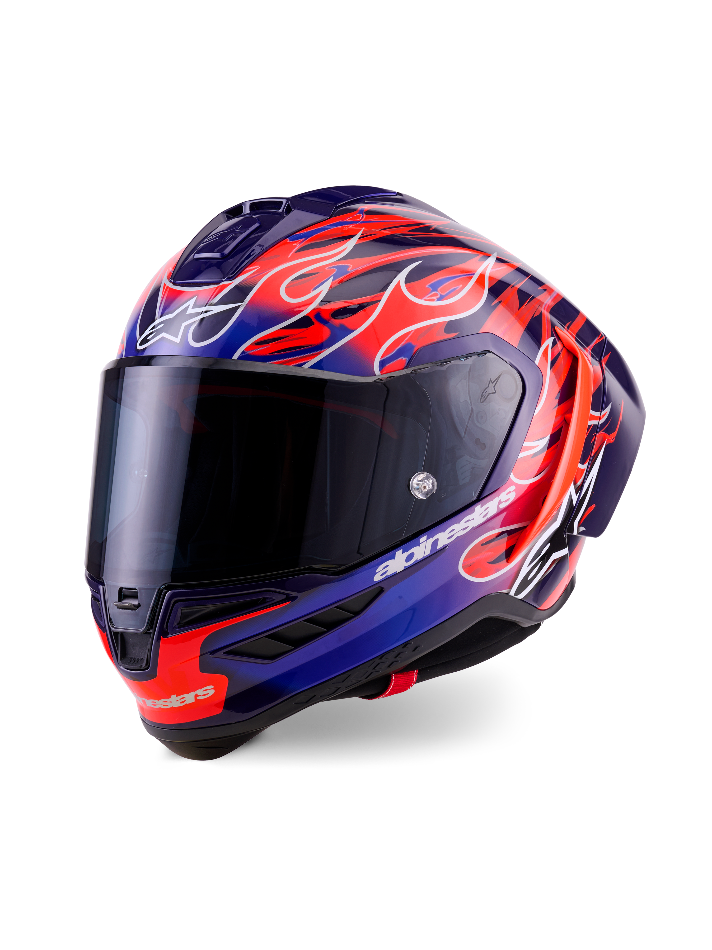 Alpinestars Supertech R10 Limited Edition Flyte helm, integraal racehelm, paars en diepblauw met levendige oranje vlammen-graphics, voorzien van een dark smoke vizier en aerodynamische schaal, hoogwaardige motorsportuitrusting