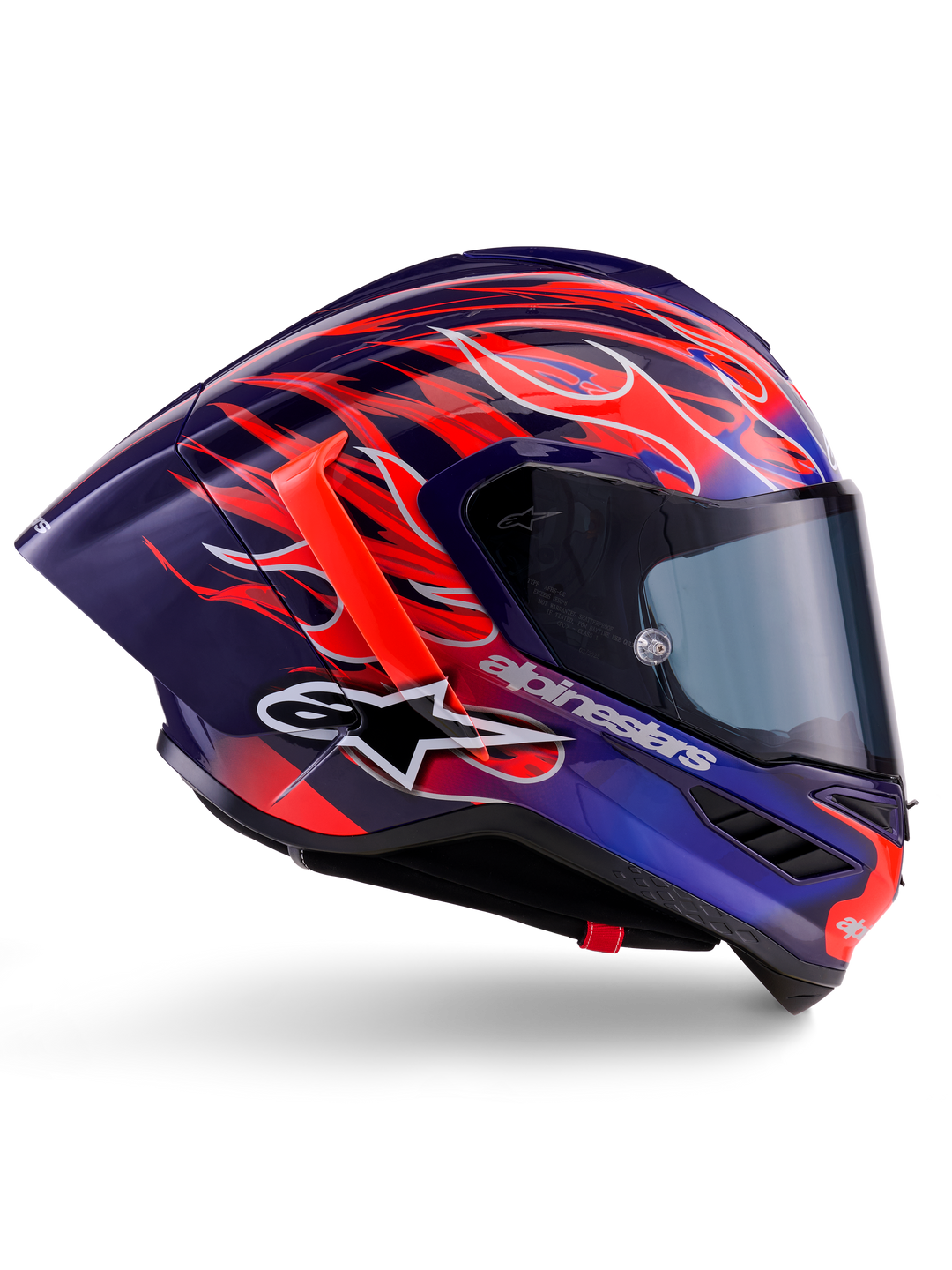 Alpinestars Supertech R10 Limited Edition Flyte Helm, Purple Red Glossy, Integral-Motorradhelm mit tiefblauer und lila Basis und leuchtend orangefarbenen und roten Flammenmotiven, aerodynamisches Profil mit rotem Heckspoiler und dunkel getöntem Visier, professionelle Rennausrüstung