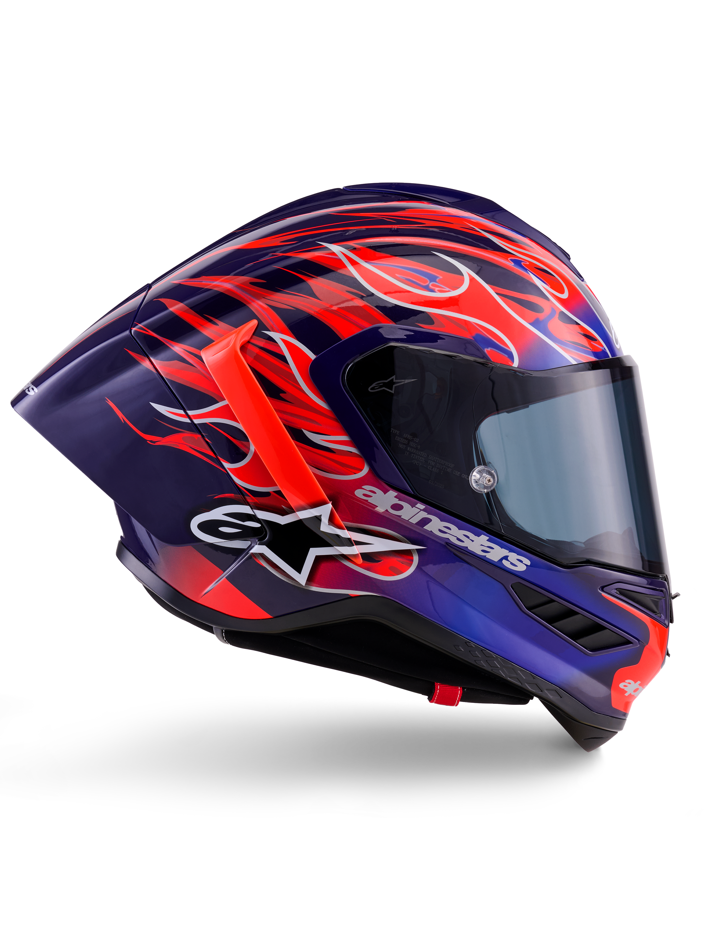 Alpinestars Supertech R10 Limited Edition Flyte Helm, Purple Red Glossy, integraal motorhelm met diepblauwe en paarse basis met levendige oranje en rode vlammotieven, aerodynamisch profiel met een rode achterspoiler en donkergetint vizier, professionele race-uitrusting