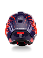 Achteraanzicht van de Alpinestars Supertech R10 Limited Edition Flyte Helm, met een donkerpaarse glanzende schaal met levendige oranje vlammen-graphics, witte Alpinestars-branding en het 'martinator'-logo op de achterkant.