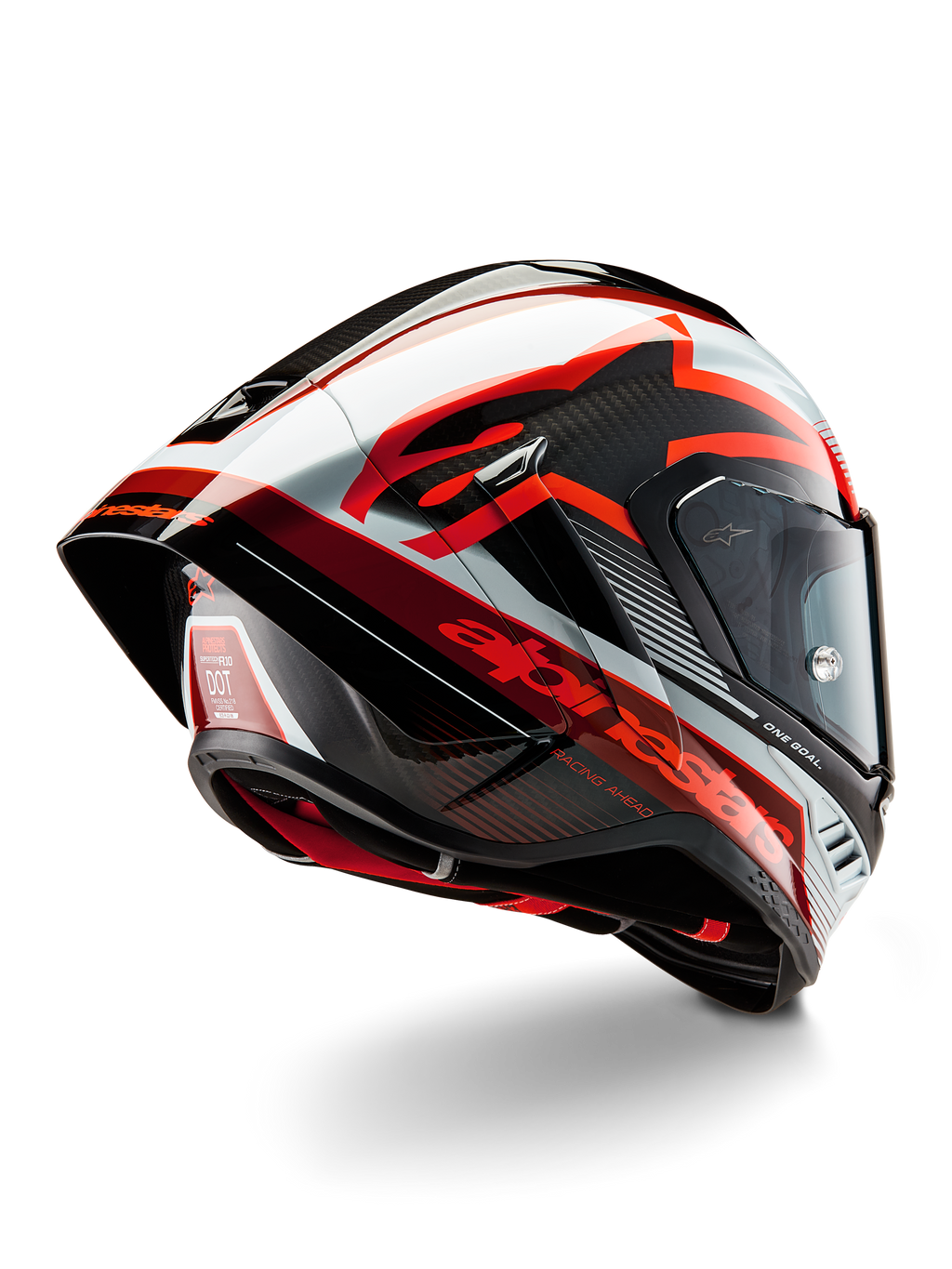 Alpinestars Supertech R10 Team Helm, integraal racehelm, glanzend zwart carbon, rood en wit, aerodynamisch ontwerp met achterspoiler en zichtbare koolstofvezeltextuur, voorzien van opvallende Alpinestars-logo's en DOT-certificeringslabel