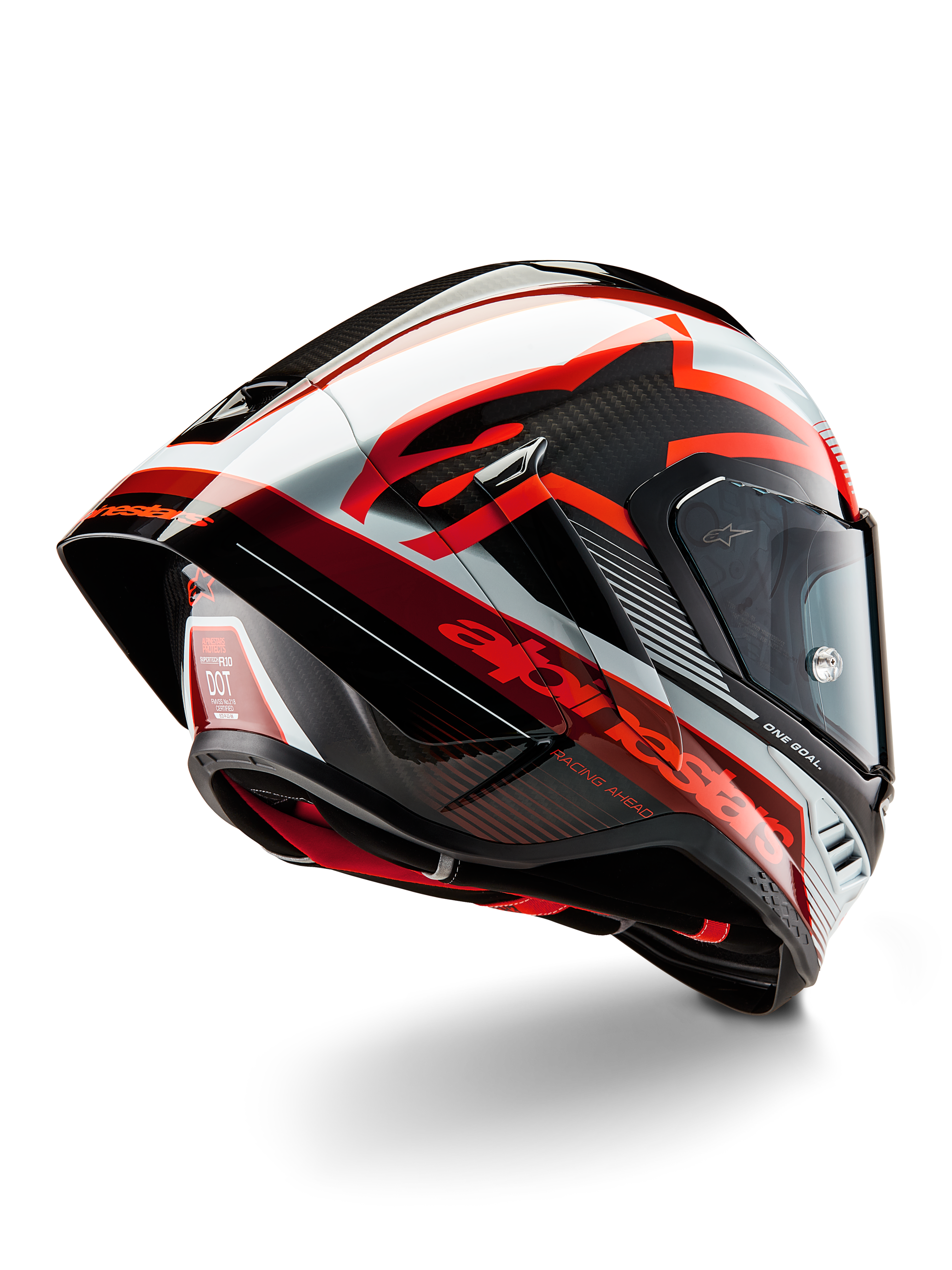 Alpinestars Supertech R10 Team Helm, integraal racehelm, glanzend zwart carbon, rood en wit, aerodynamisch ontwerp met achterspoiler en zichtbare koolstofvezeltextuur, voorzien van opvallende Alpinestars-logo's en DOT-certificeringslabel