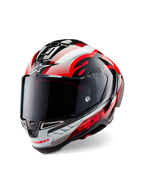 Alpinestars Supertech R10 Team Helmet, integraal motorhelm, glanzend zwart carbon met rode en witte graphics, aerodynamische schaal, voorzien van opvallende Alpinestars-branding en een getint vizier