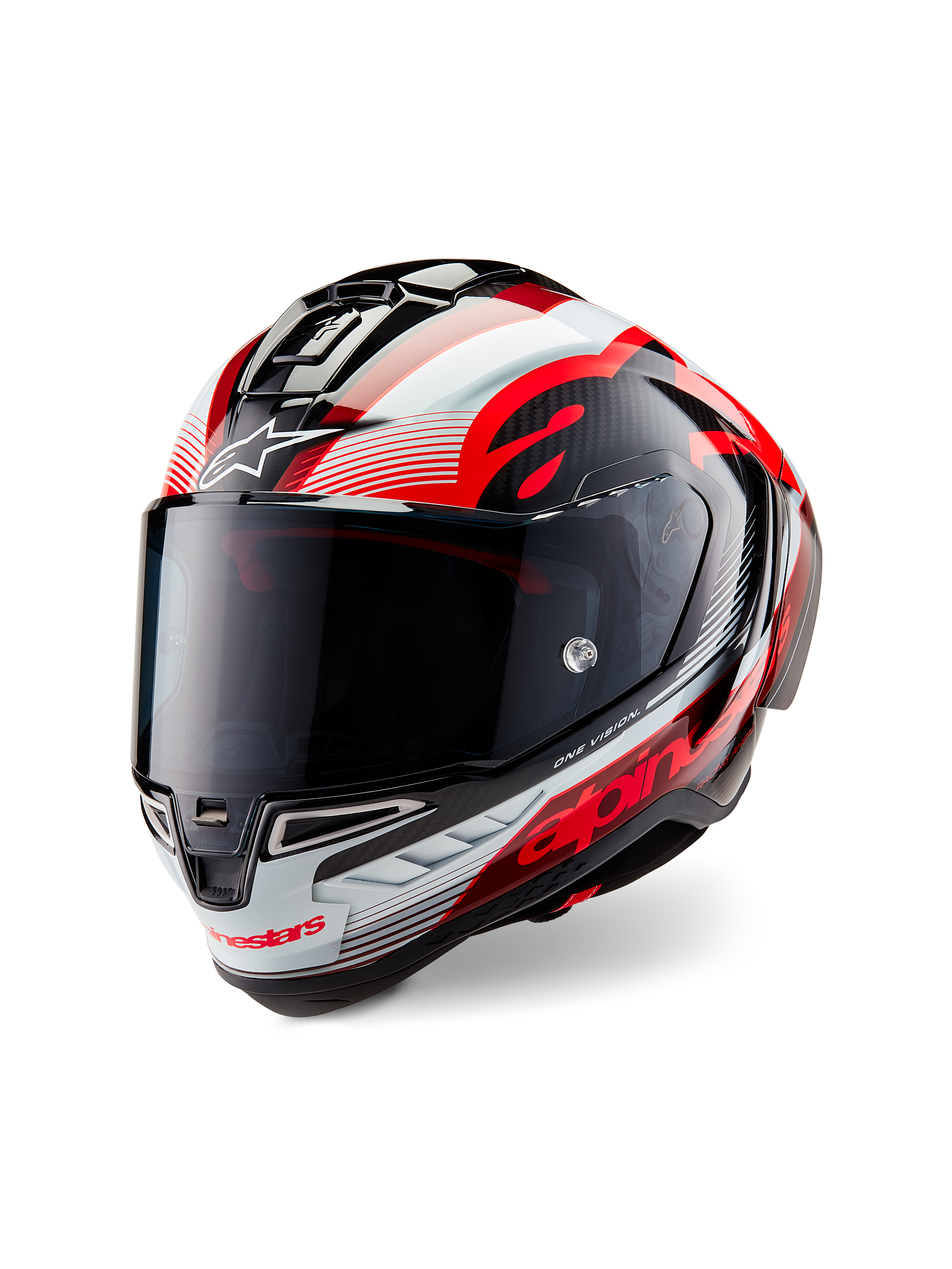 Alpinestars Supertech R10 Team Helmet, integraal motorhelm, glanzend zwart carbon met rode en witte graphics, aerodynamische schaal, voorzien van opvallende Alpinestars-branding en een getint vizier