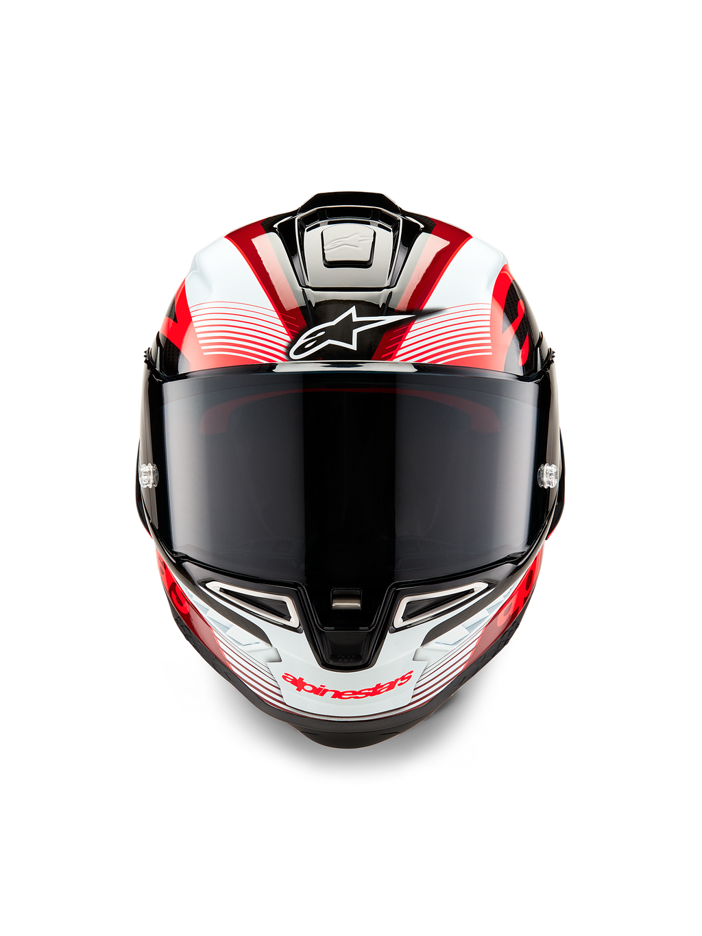 Alpinestars Supertech R10 Team Helm, vooraanzicht, glanzend zwart carbon met rood en wit, met een donker getint vizier, wit Astar-logo op het voorhoofd, rode Alpinestars-branding op de kinbeschermer, aerodynamisch race-ontwerp met gedetailleerde graphics