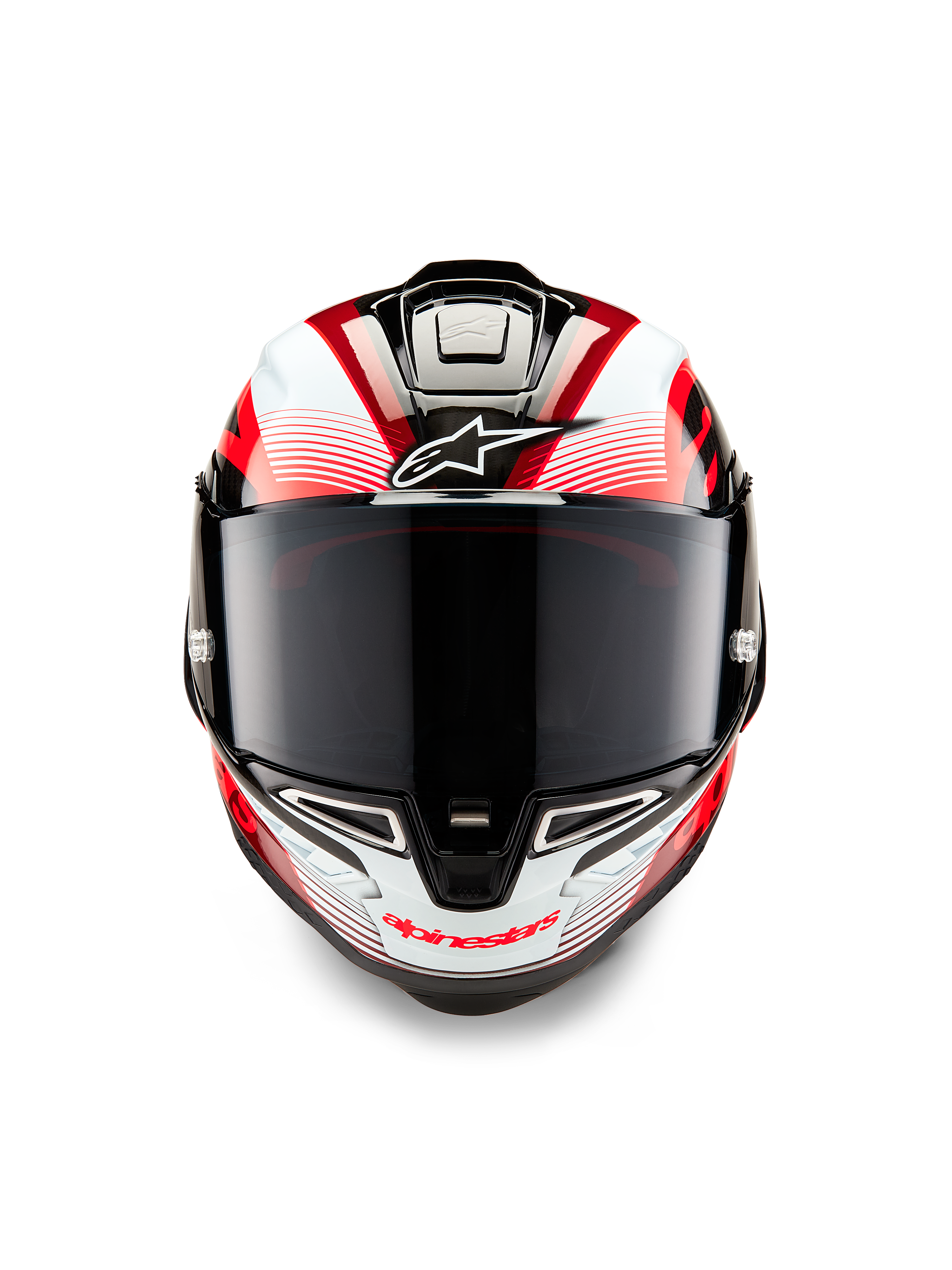 Alpinestars Supertech R10 Team Helm, vooraanzicht, glanzend zwart carbon met rood en wit, met een donker getint vizier, wit Astar-logo op het voorhoofd, rode Alpinestars-branding op de kinbeschermer, aerodynamisch race-ontwerp met gedetailleerde graphics