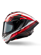 Alpinestars Supertech R10 Team Helm, integraal motorracehelm, glanzende afwerking in zwart carbon, rood en wit, zijprofiel met aerodynamisch ontwerp, opvallende rode branding met 'One Vision' en 'Racing Ahead' tekst, strakke koolstofvezelconstructie voor professionele prestaties.