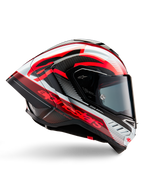 Alpinestars Supertech R10 Team helm, motorracehelm, zwart carbon met rode en witte glanzende graphics, aerodynamisch profielaanzicht met een donker vizier, carbonfiber details en opvallende rode branding, hoogwaardige race-uitrusting