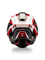 Alpinestars Supertech R10 Team Helm, achteraanzicht, zwart carbon, rood en wit glanzend, aerodynamisch schaalontwerp met opvallende rode en witte panelen, voorzien van Alpinestars-branding op de spoiler en een rood sterlogo, professionele motorracehelm