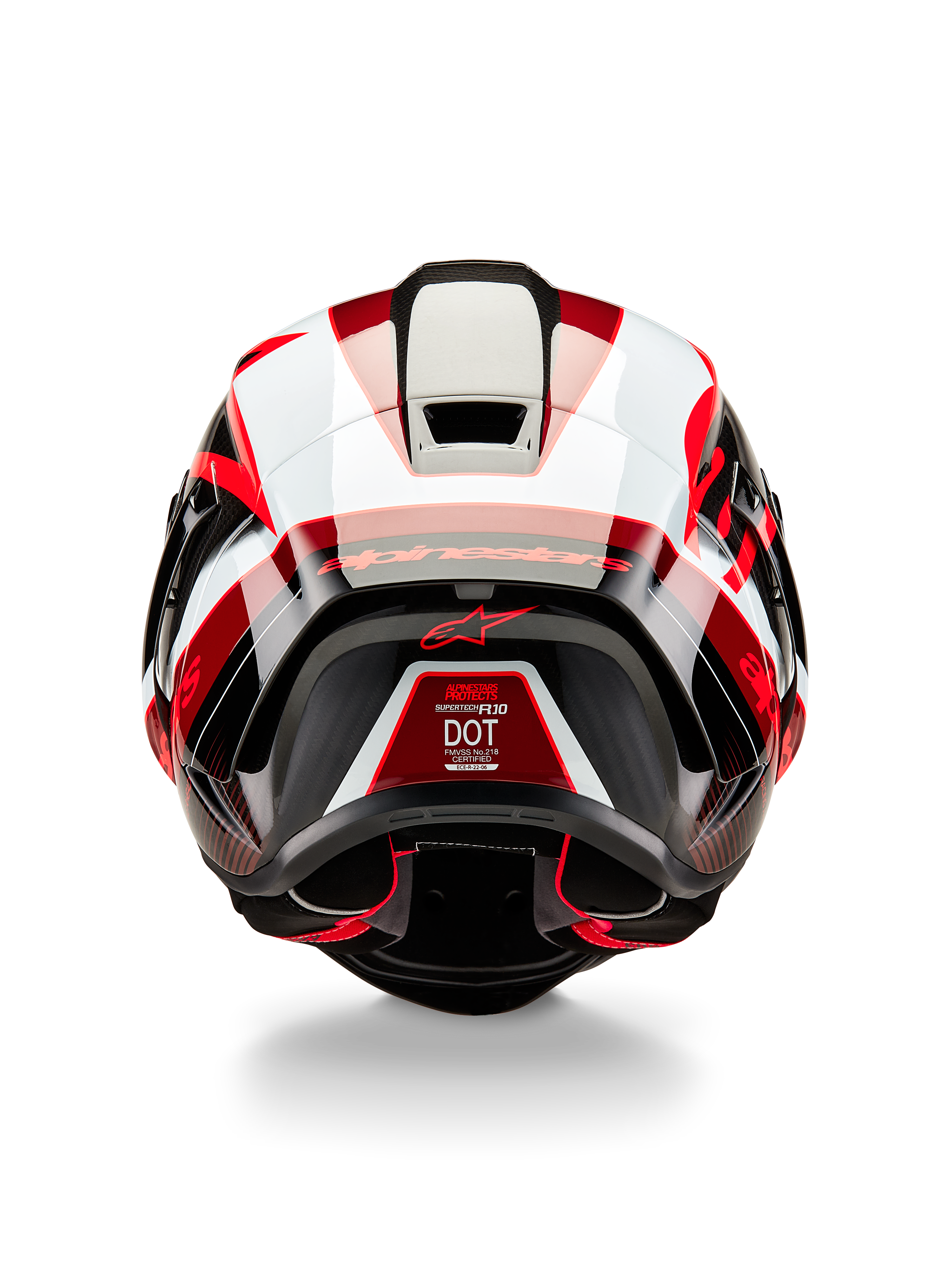 Alpinestars Supertech R10 Team Helm, achteraanzicht, zwart carbon, rood en wit glanzend, aerodynamisch schaalontwerp met opvallende rode en witte panelen, voorzien van Alpinestars-branding op de spoiler en een rood sterlogo, professionele motorracehelm