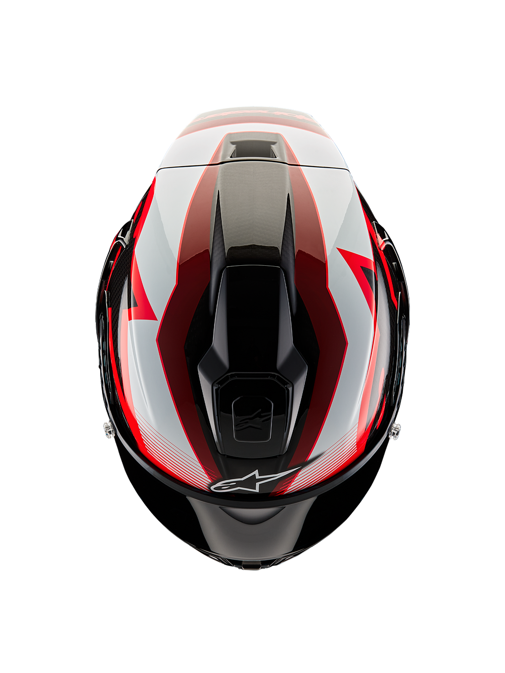 Alpinestars Supertech R10 Team-helm, bovenaanzicht, zwart carbon met rode en witte glanzende accenten, aerodynamische schaal met centrale ventilatieopeningen en opvallende race-graphics, professionele sportmotorhelm.