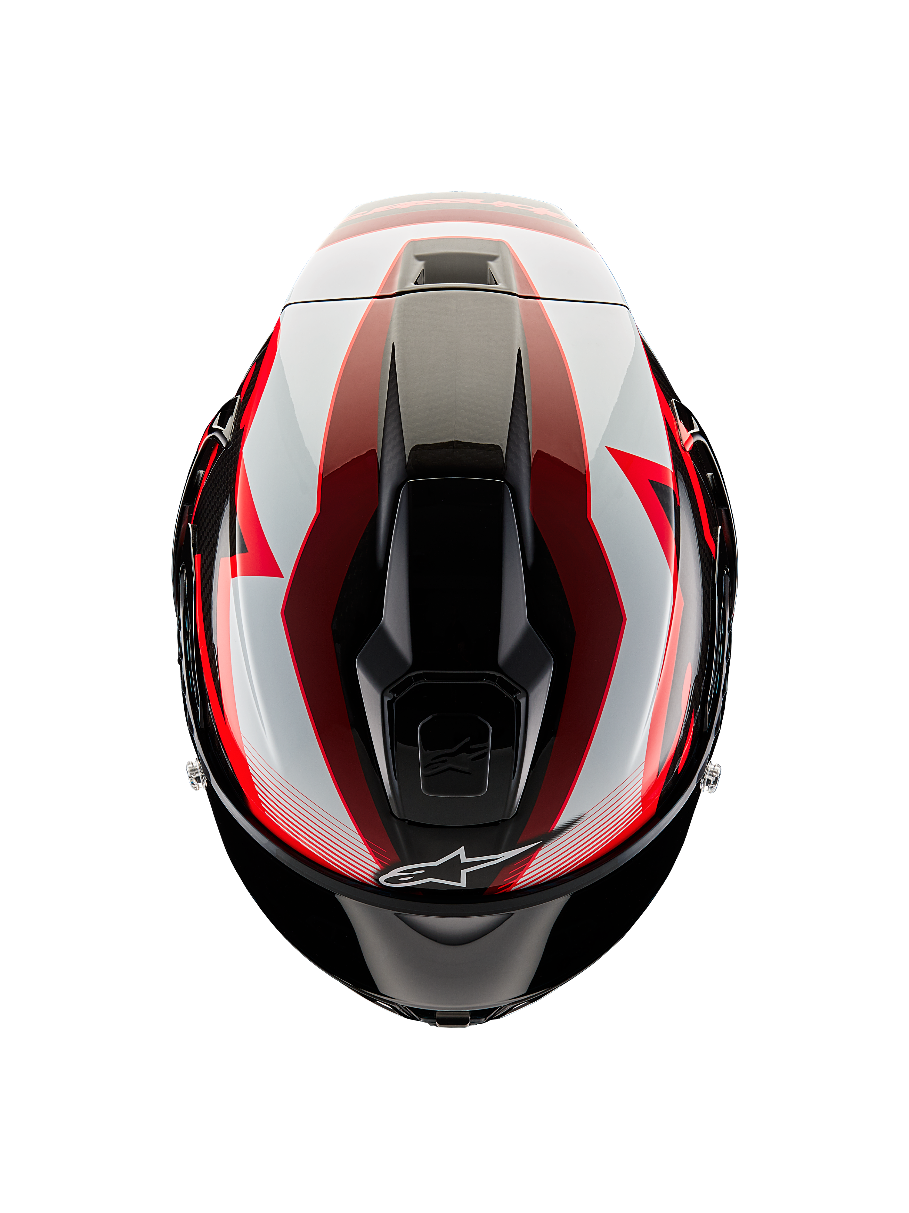 Alpinestars Supertech R10 Team-helm, bovenaanzicht, zwart carbon met rode en witte glanzende accenten, aerodynamische schaal met centrale ventilatieopeningen en opvallende race-graphics, professionele sportmotorhelm.