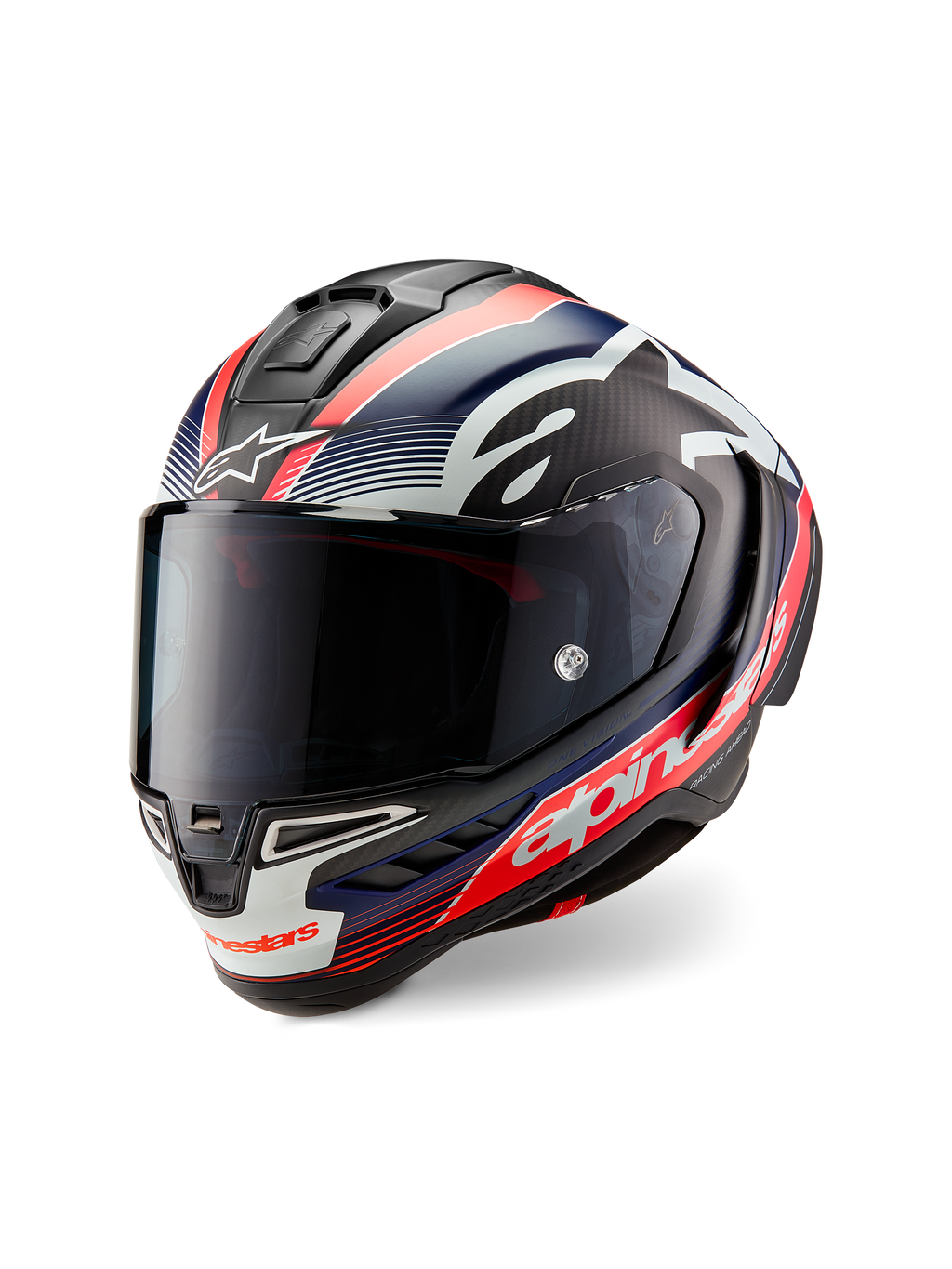 Casque Alpinestars Supertech R10 Team, carbone noir avec motifs rouge fluo et bleu mat, vue de trois-quarts avant, doté d'une visière fumée foncée, d'une coque de course aérodynamique et du logo Alpinestars blanc.