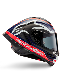 Alpinestars Supertech R10 Team Helmet, Motorcycle Racing Helmet, Black Carbon with Red Fluo and Blue Matte accents, featuring large white Alpinestars branding, aerodynamic design with integrated spoilers, clear visor, visible carbon fiber texture, sleek racing profile