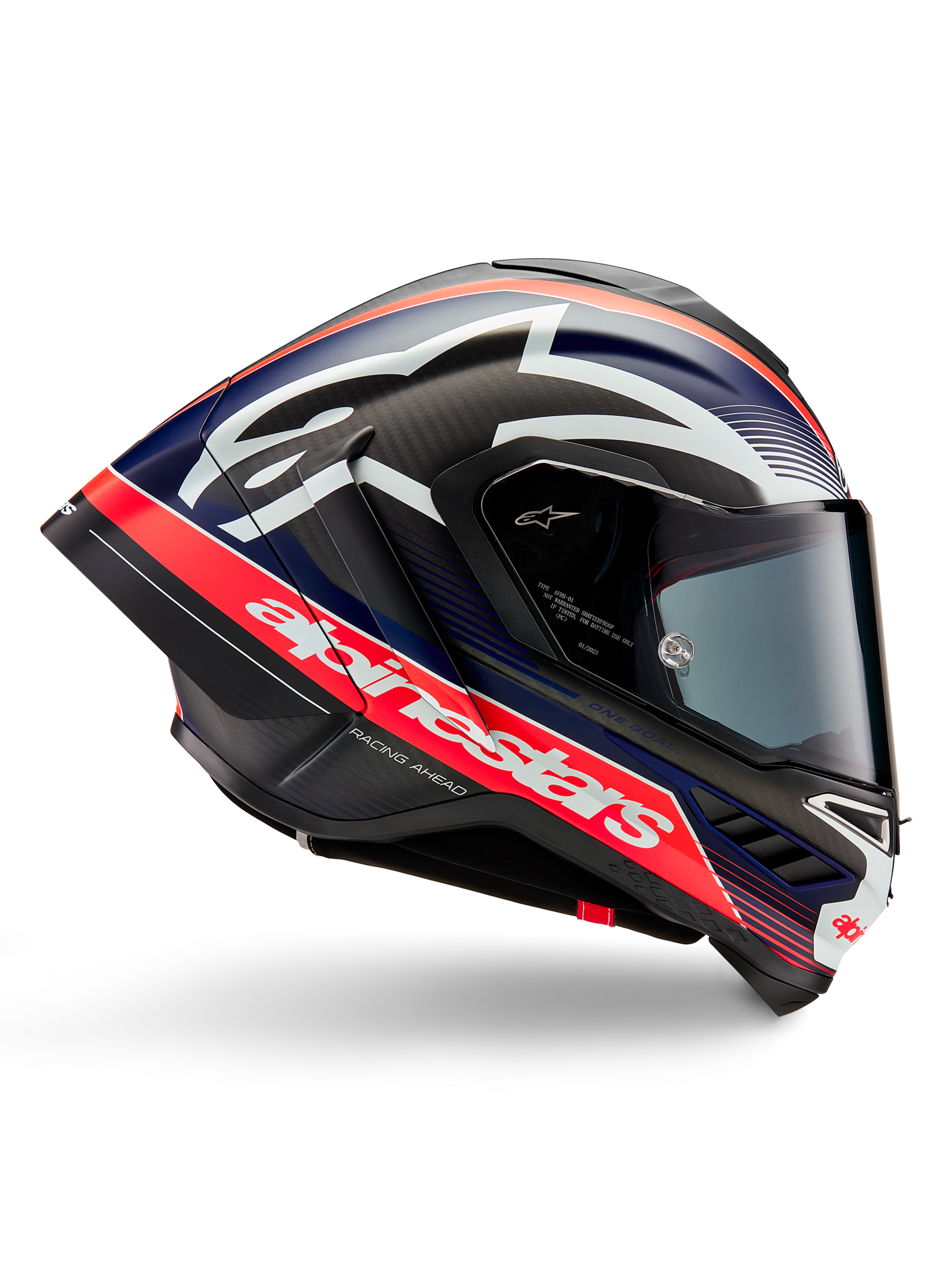 Alpinestars Supertech R10 Team helm, motorracehelm, zwart carbon met fluorrode en matblauwe accenten, groot wit Alpinestars-logo, aerodynamisch ontwerp met geïntegreerde spoilers, helder vizier, zichtbare carbon-textuur, gestroomlijnd raceprofiel