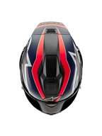 Casque Alpinestars Supertech R10 Team, vue de dessus, carbone noir avec graphismes rouge fluo et bleu mat, doté d'une calotte au design aérodynamique avec ventilations supérieures et accents racing audacieux.