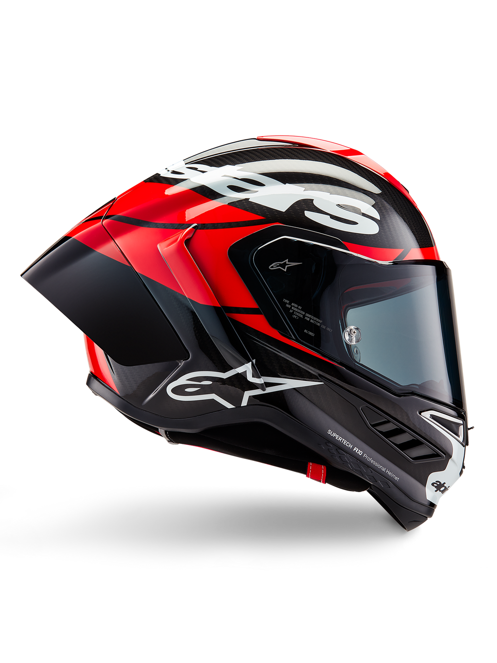 Casque Alpinestars Supertech R10 Element, casque de moto intégral de course, carbone noir avec accents rouge vif et blancs, profil latéral montrant la coque aérodynamique en fibre de carbone, finition brillante avec logo blanc, visière teintée, protection de course professionnelle