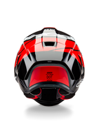 Casque Alpinestars Supertech R10 Element, vue arrière, carbone noir avec des accents rouge vif et blanc brillant, doté d'un aileron arrière aérodynamique, d'extracteurs d'air et de l'étiquette de certification DOT, design épuré inspiré de la course avec détails en fibre de carbone