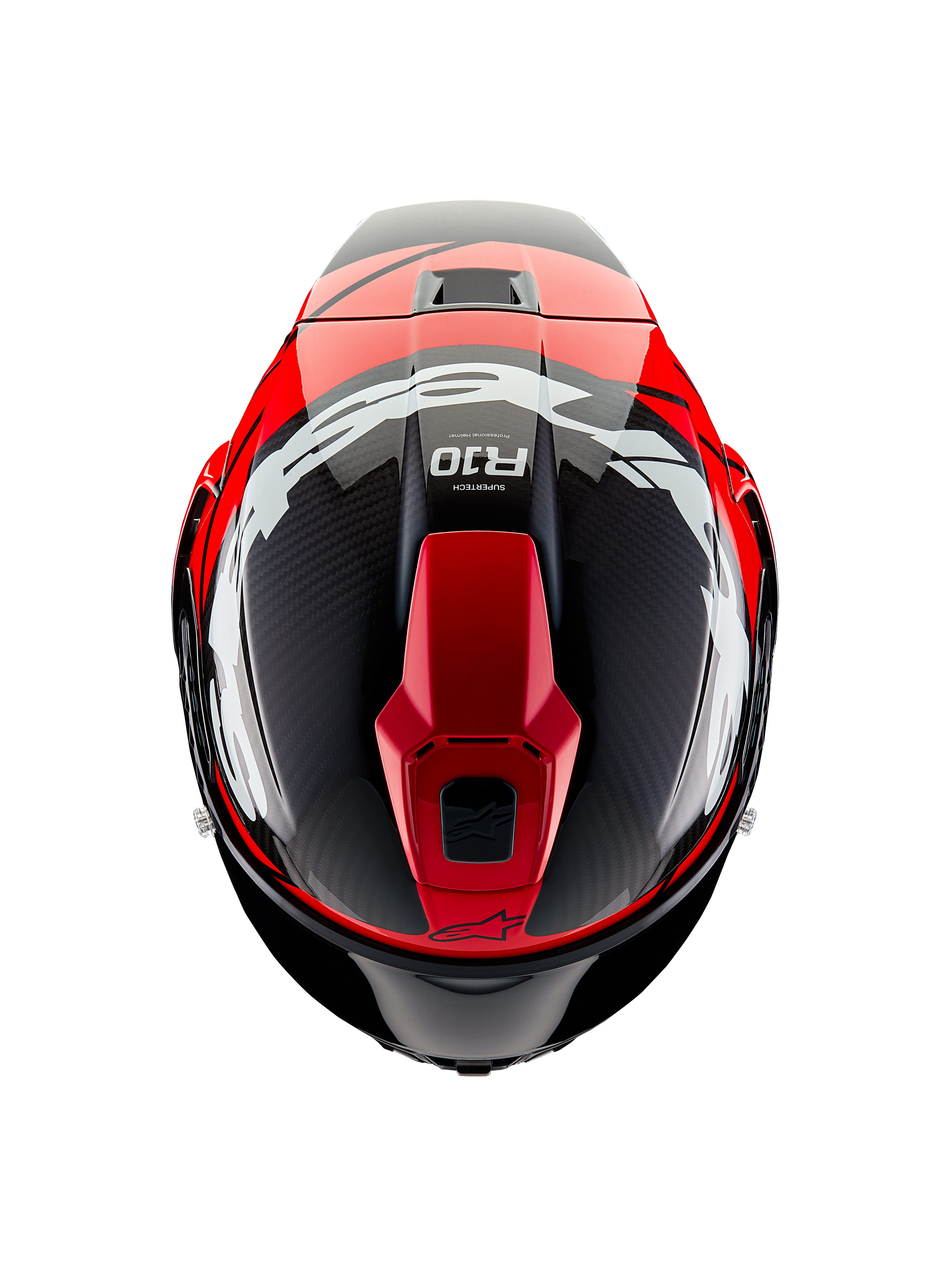 Casque Alpinestars Supertech R10 Element, vue de dessus, carbone noir avec graphismes rouge vif et blanc brillant, casque de course aérodynamique avec grands logos blancs et tissage de fibre de carbone apparent