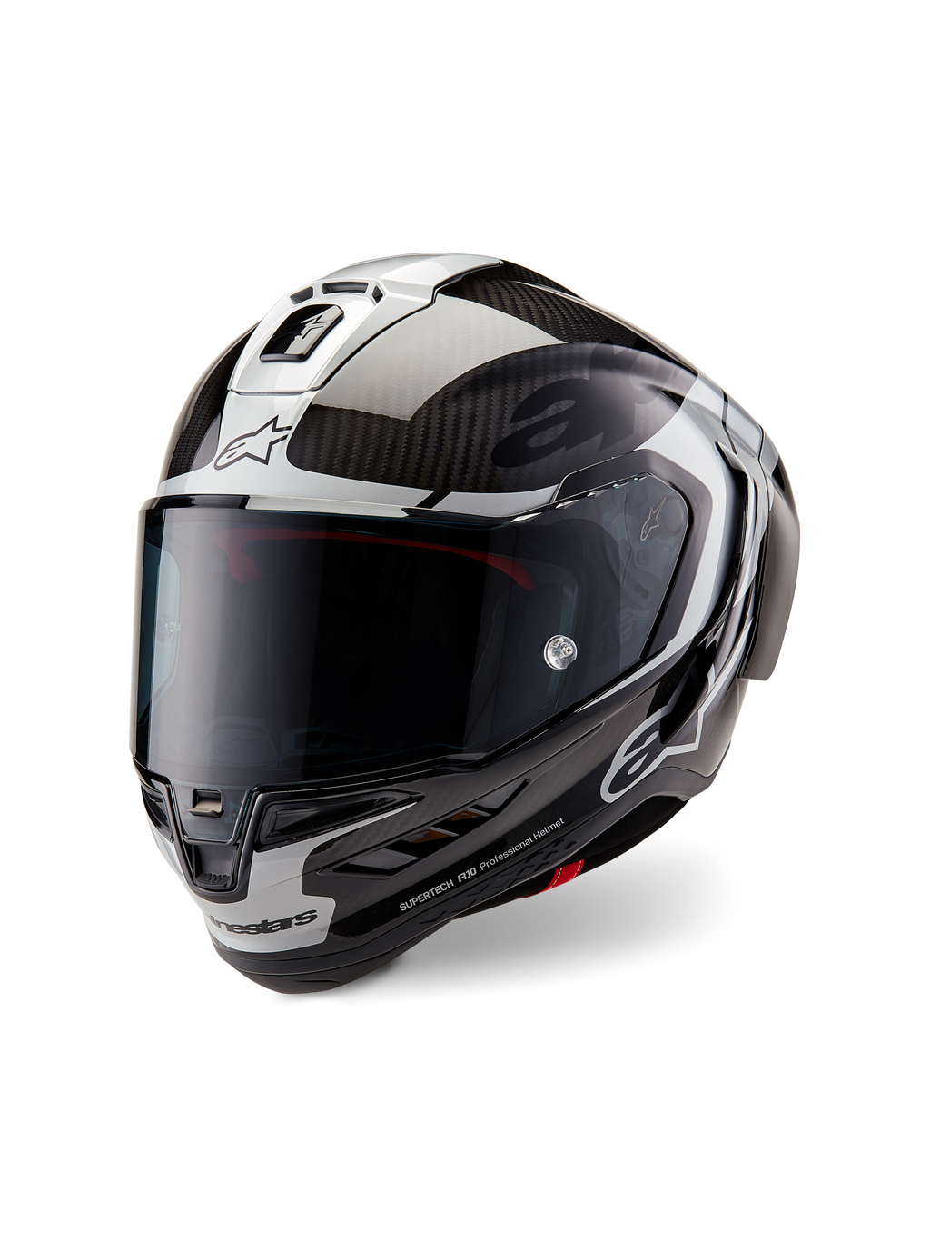 Casque Alpinestars Supertech R10 Element, casque intégral de course moto, noir carbone, argent et noir brillant, doté d'un écran fumé foncé, d'une coque aérodynamique en fibre de carbone et du logo Alpinestars