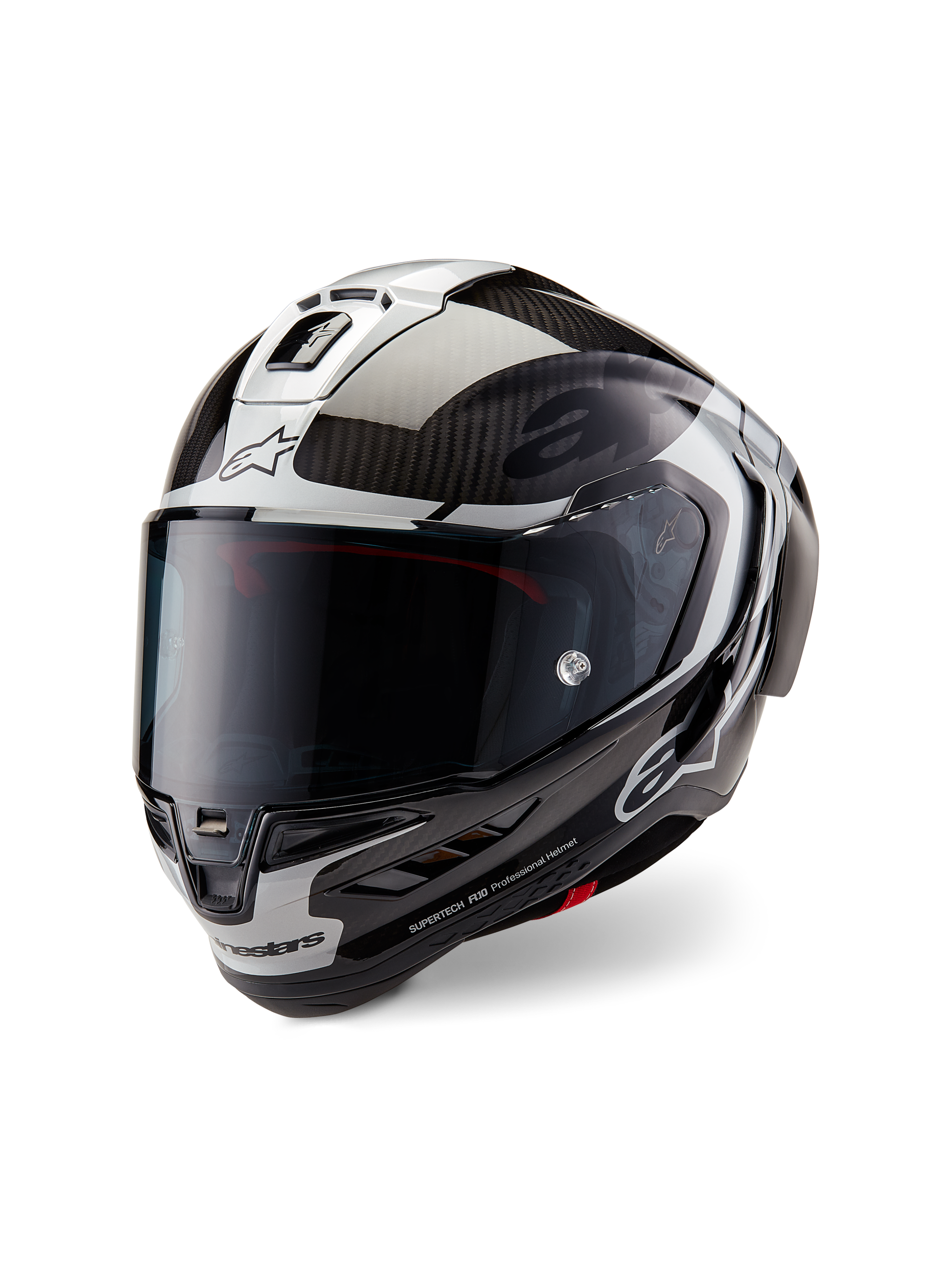 Casque Alpinestars Supertech R10 Element, casque intégral de course moto, noir carbone, argent et noir brillant, doté d'un écran fumé foncé, d'une coque aérodynamique en fibre de carbone et du logo Alpinestars