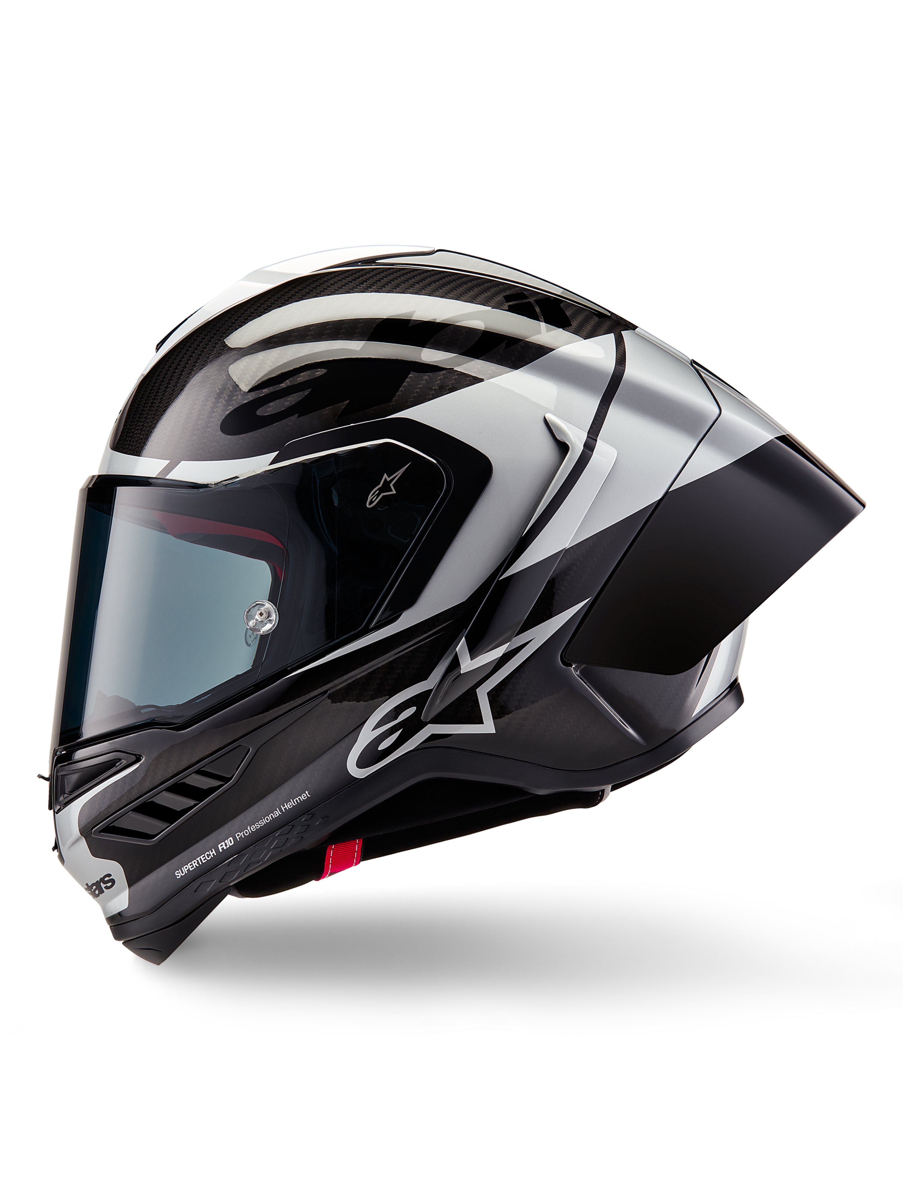 Casque Alpinestars Supertech R10 Element, casque de moto intégral de course, noir carbone argenté et noir brillant, vue de profil montrant le tissage en fibre de carbone et le spoiler arrière aérodynamique, design épuré avec marquage Alpinestars et finition de course professionnelle