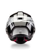 Casque Alpinestars Supertech R10 Element, vue arrière, noir carbone argent noir brillant, doté d'un design d'aileron aérodynamique, d'un label de certification DOT et d'accents de rembourrage intérieur rouges, protection de tête de course professionnelle