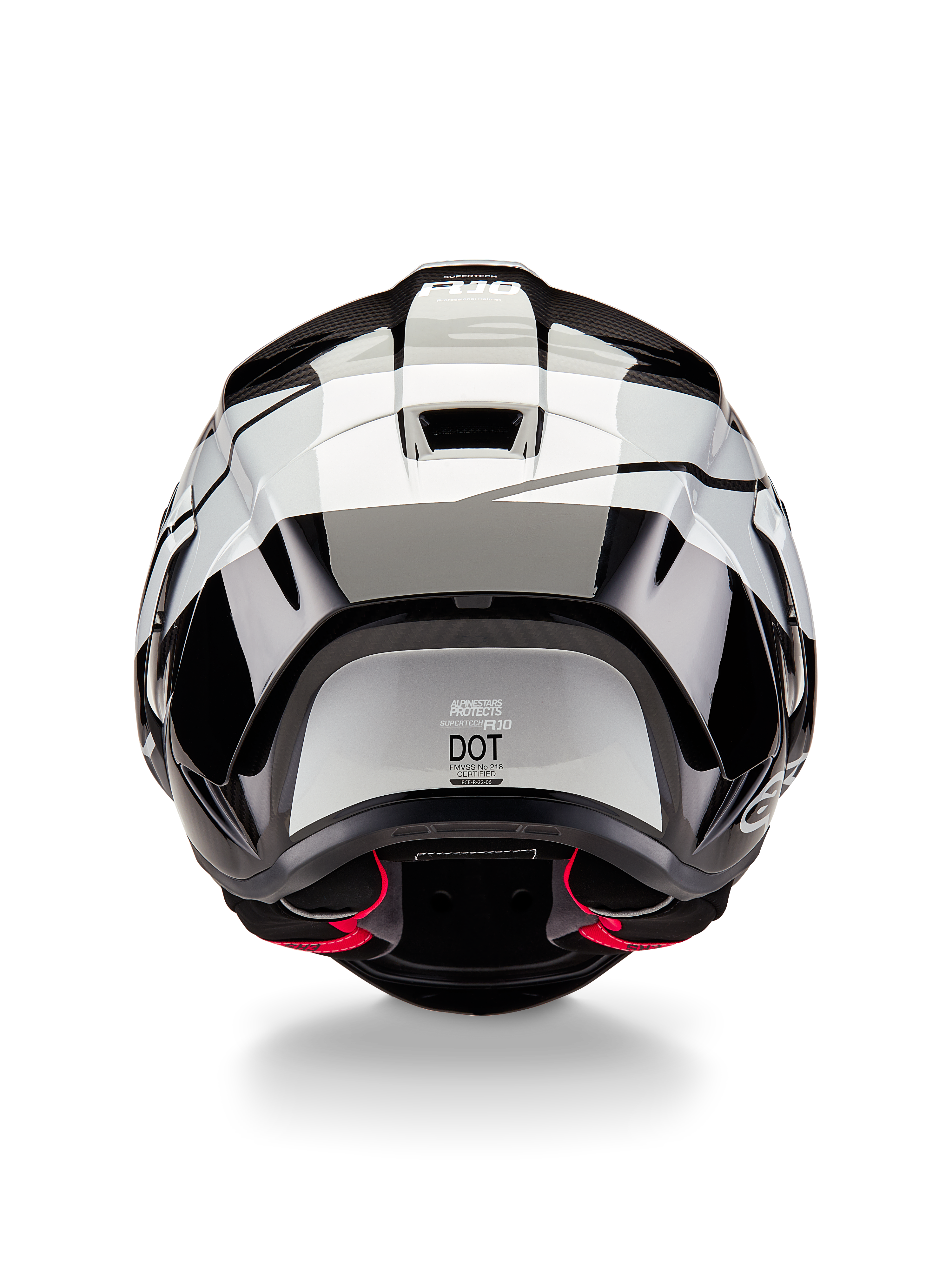 Casque Alpinestars Supertech R10 Element, vue arrière, noir carbone argent noir brillant, doté d'un design d'aileron aérodynamique, d'un label de certification DOT et d'accents de rembourrage intérieur rouges, protection de tête de course professionnelle