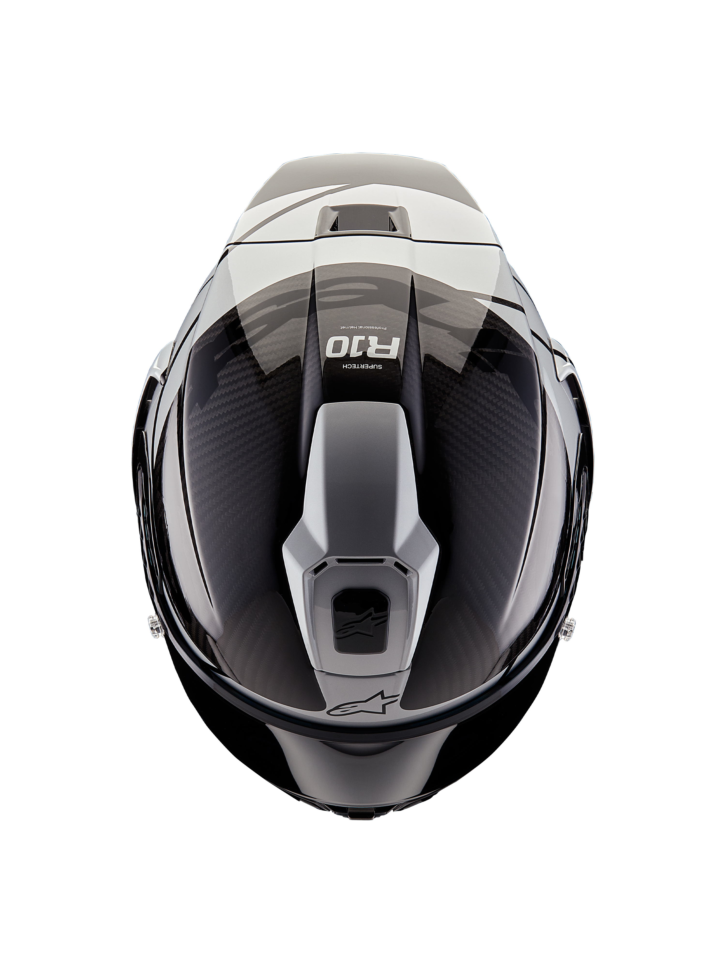 Casque Alpinestars Supertech R10 Element, vue de dessus, noir carbone et argent, finition brillante avec tissage de fibre de carbone visible, structure d'aération aérodynamique, logo R10 et marquage Alpinestars, casque de moto de course professionnel