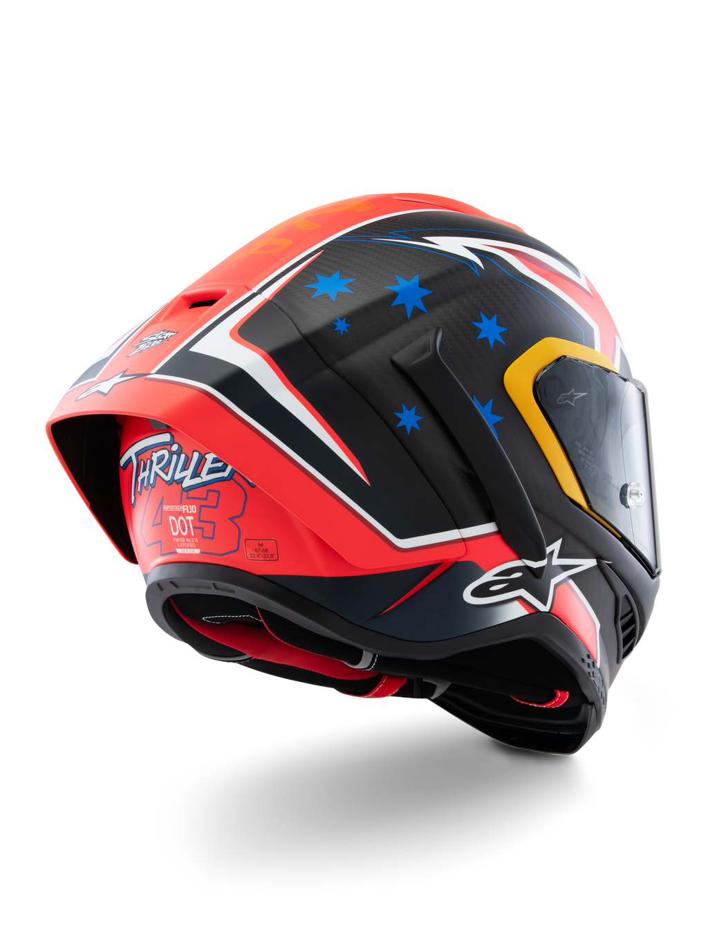 Alpinestars Supertech R10 Miller Édition Limitée, casque intégral de course, Carbone Rouge Mat avec étoiles bleues et accents blancs, graphisme « Thriller 43 » à l'arrière, large spoiler aérodynamique, construction en fibre de carbone