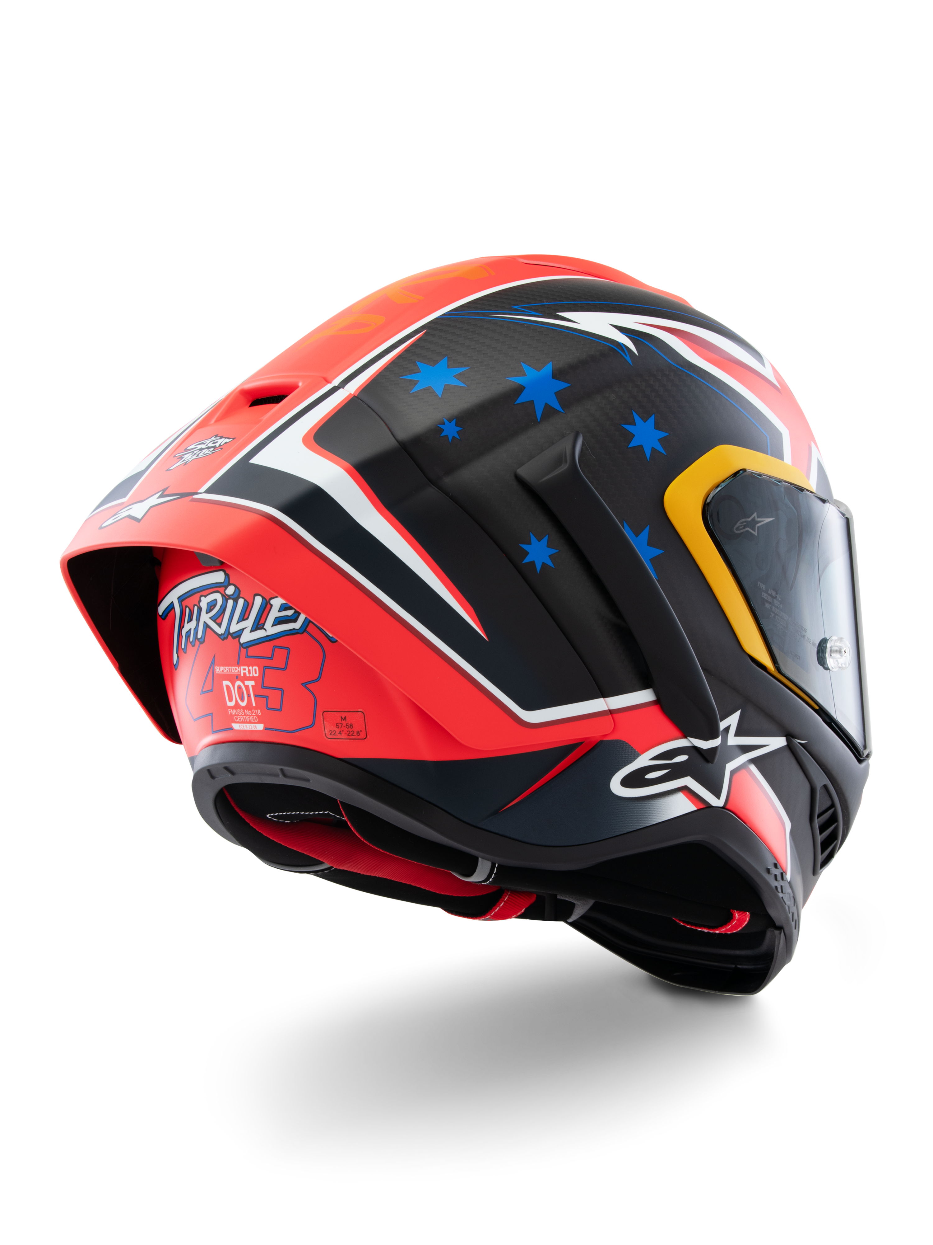 Alpinestars Supertech R10 Miller Édition Limitée, casque intégral de course, Carbone Rouge Mat avec étoiles bleues et accents blancs, graphisme « Thriller 43 » à l'arrière, large spoiler aérodynamique, construction en fibre de carbone